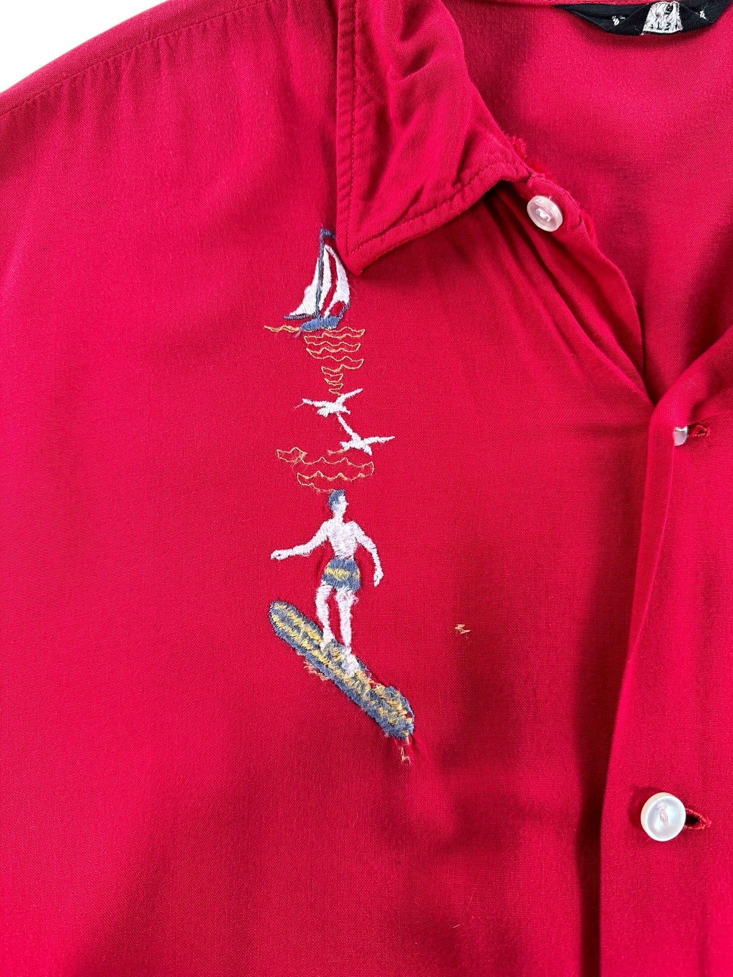 Embroidery on Vintage Clubman Gabardine Surfer Short Sleeve Shirt SZ L