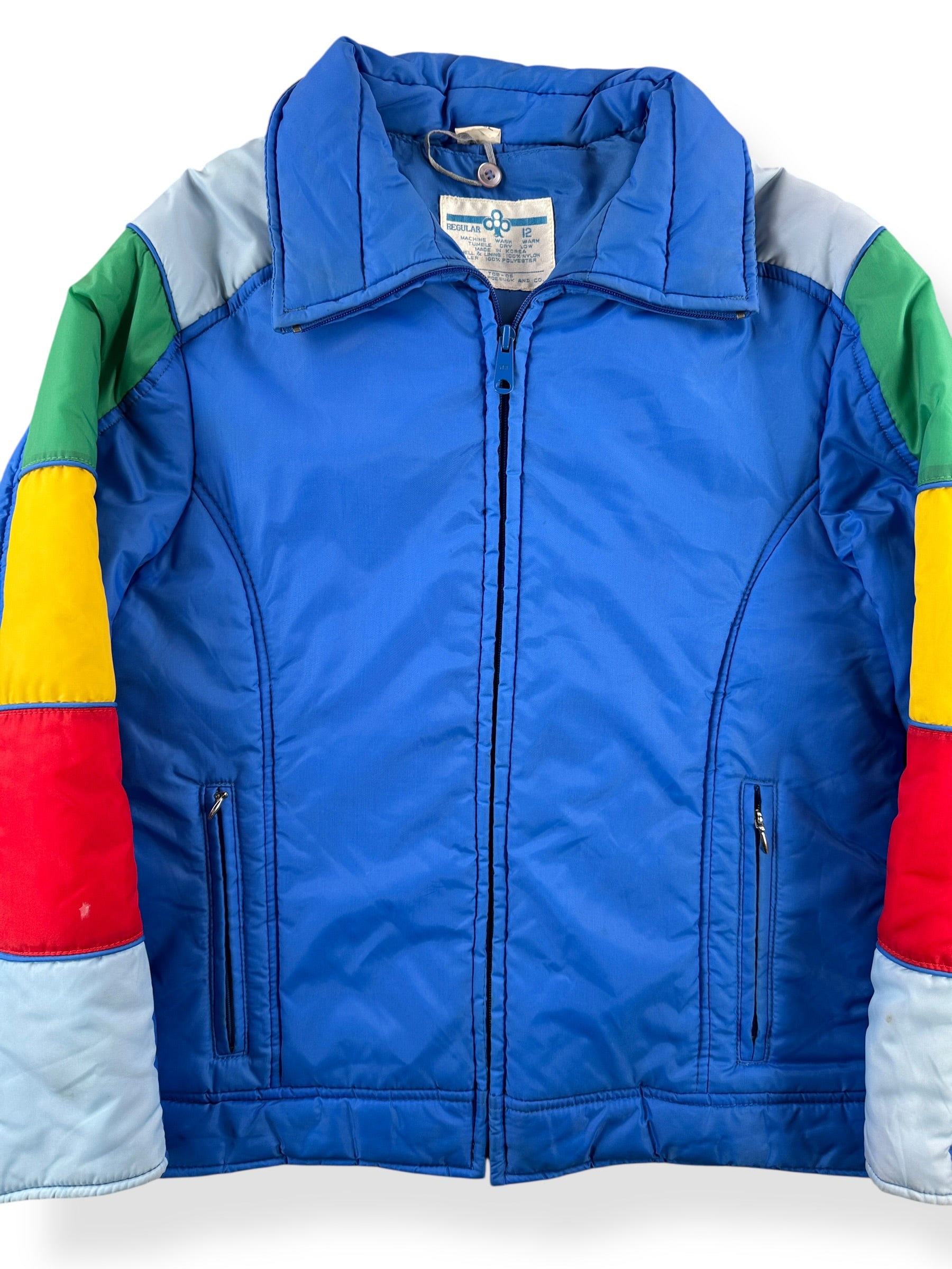 Front Close Up of Vintage Sears Rainbow Ski Jacket SZ S