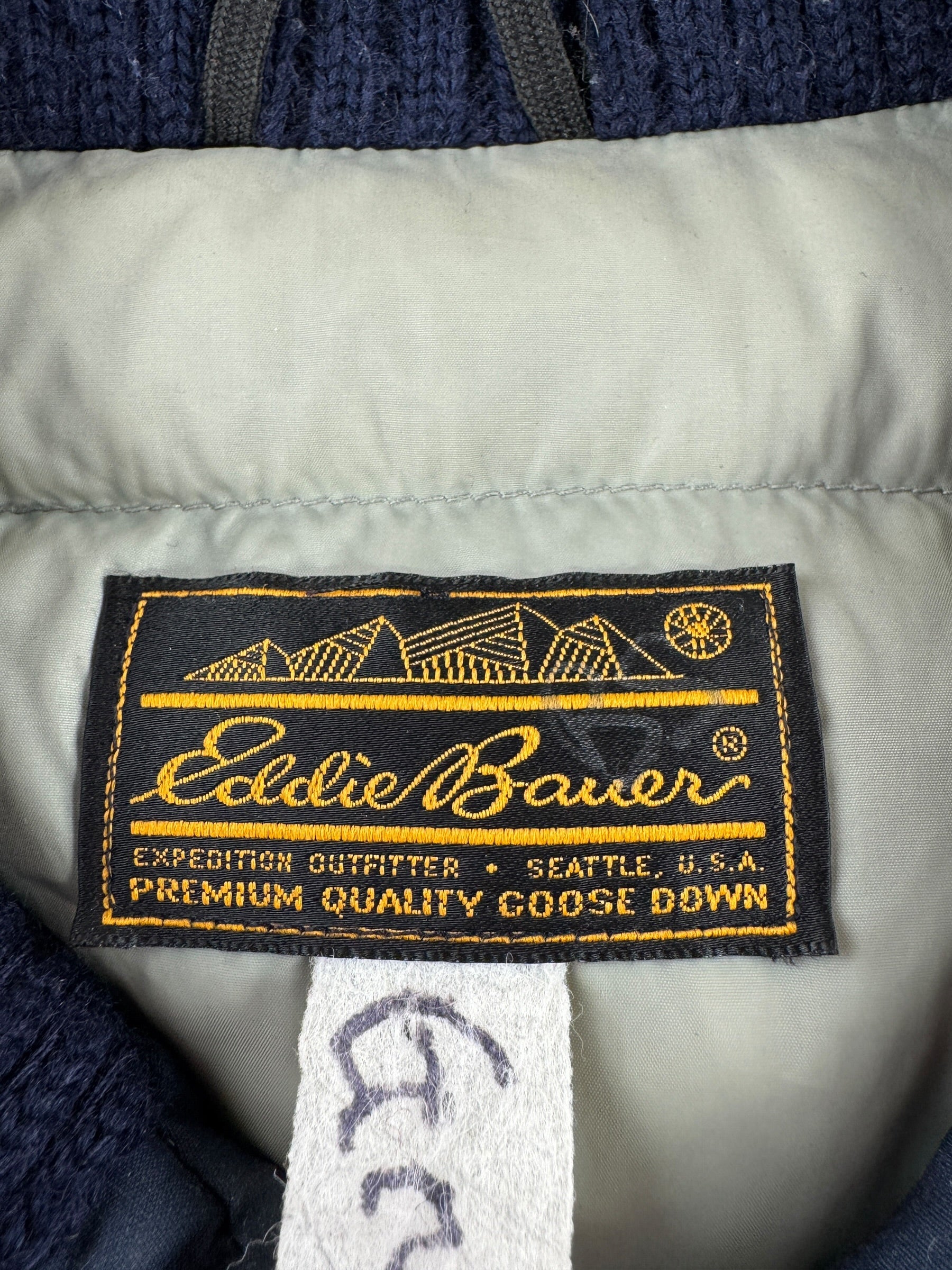 Label on Vintage Navy Blue Eddie Bauer Down Coat SZ L