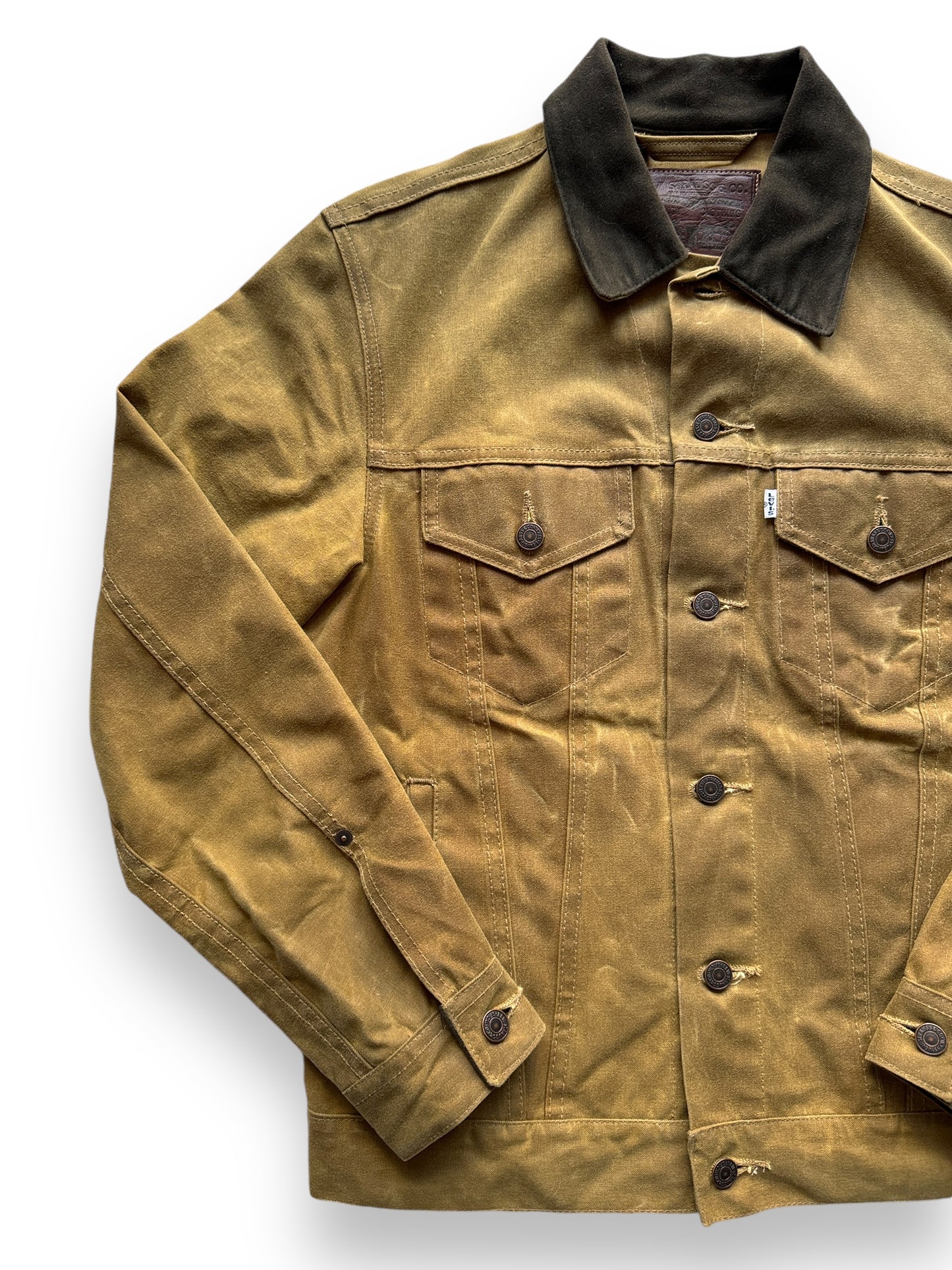 Front Right View of Filson X Levis Tin Cloth Type III Trucker Jacket SZ M