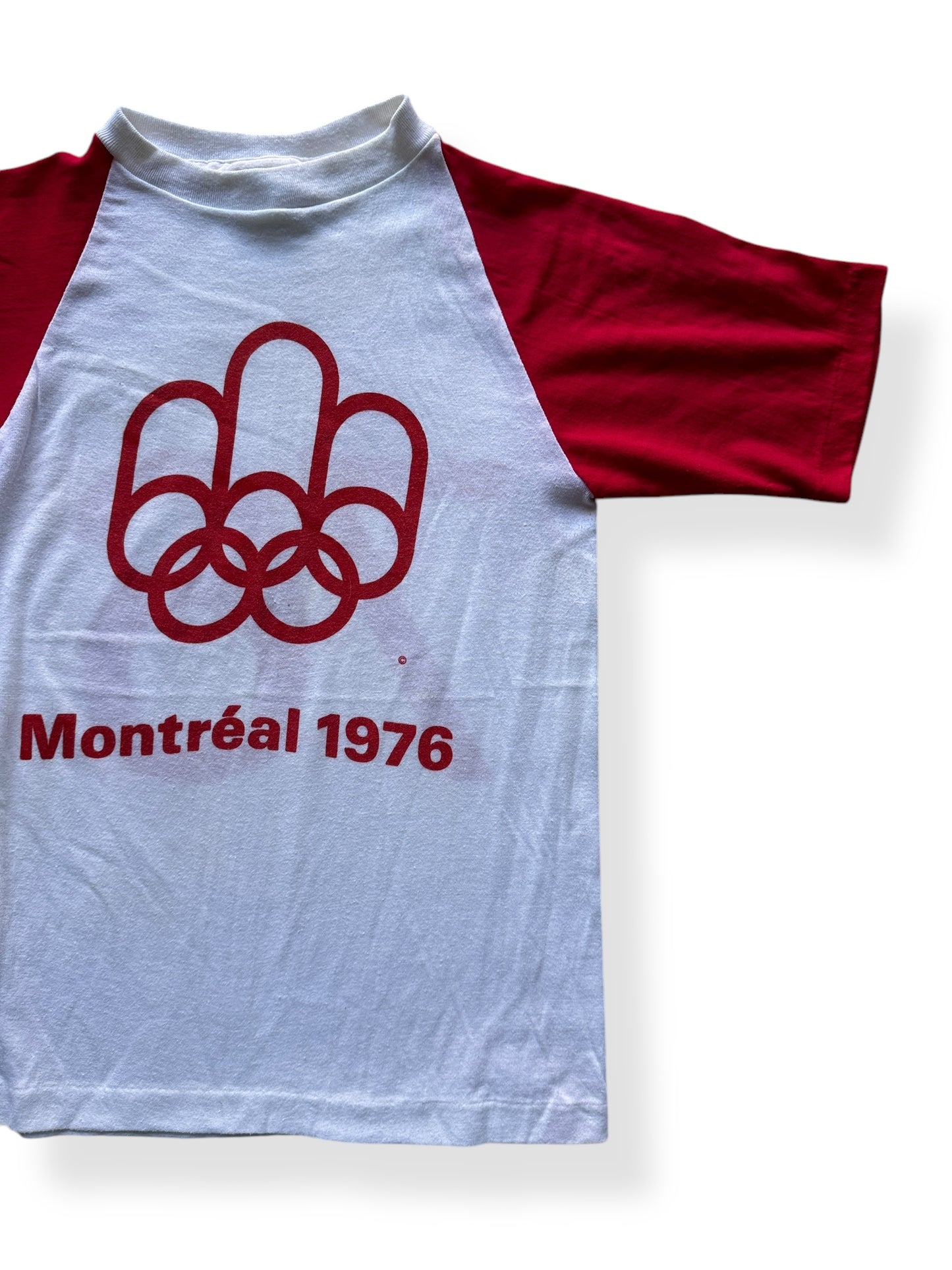 Front Left of Vintage 1976 Montreal Olympics Raglan Tee SZ Youth M