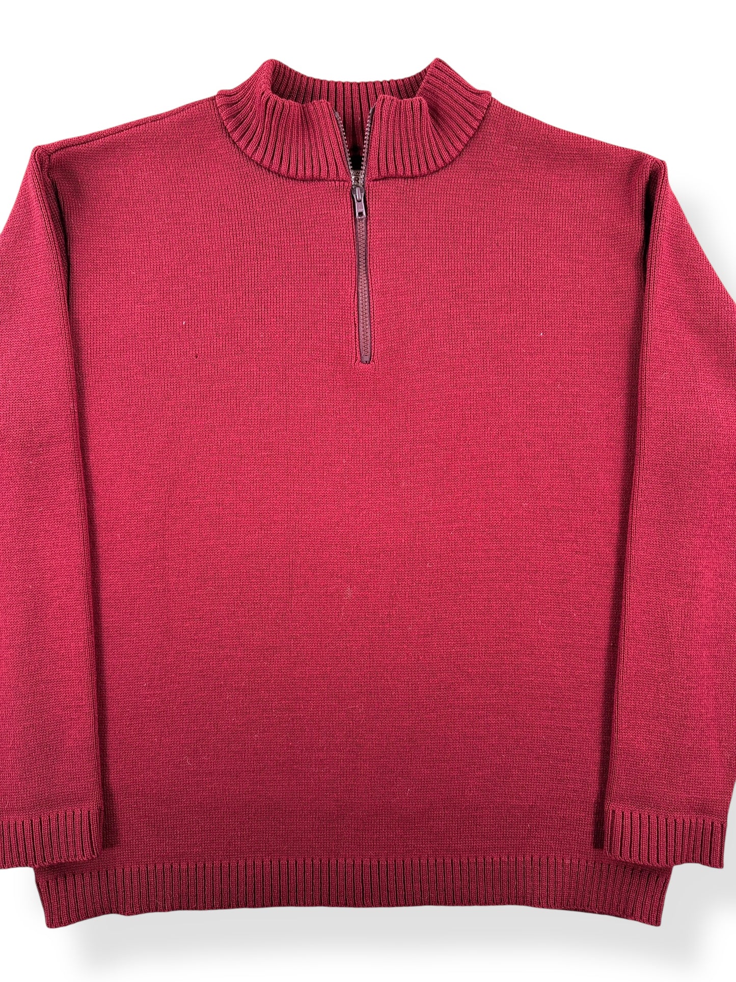 Front Close Up of Filson Burgundy Half Zip Sweater SZ XL