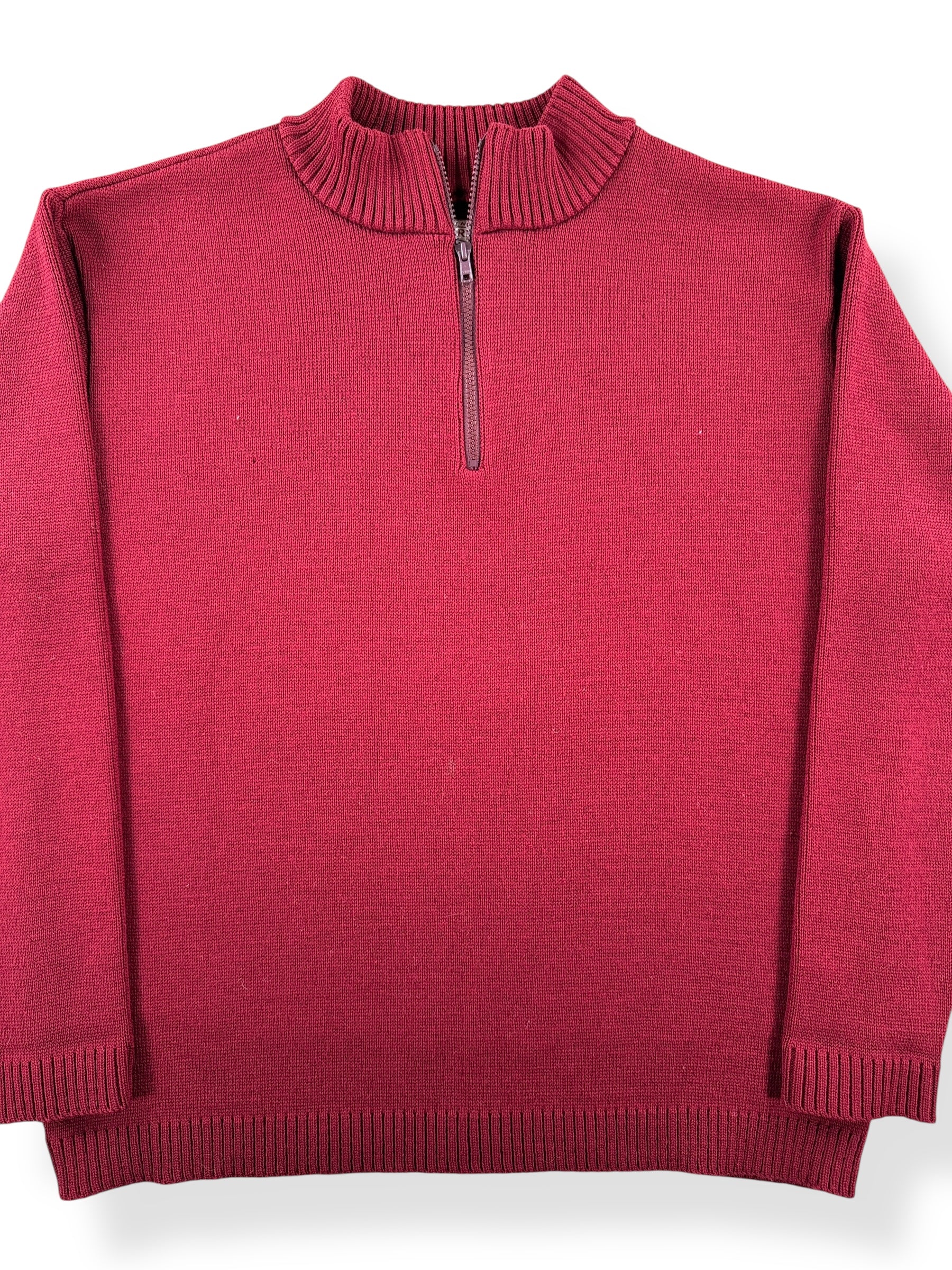 Front Close Up of Filson Burgundy Half Zip Sweater SZ XL