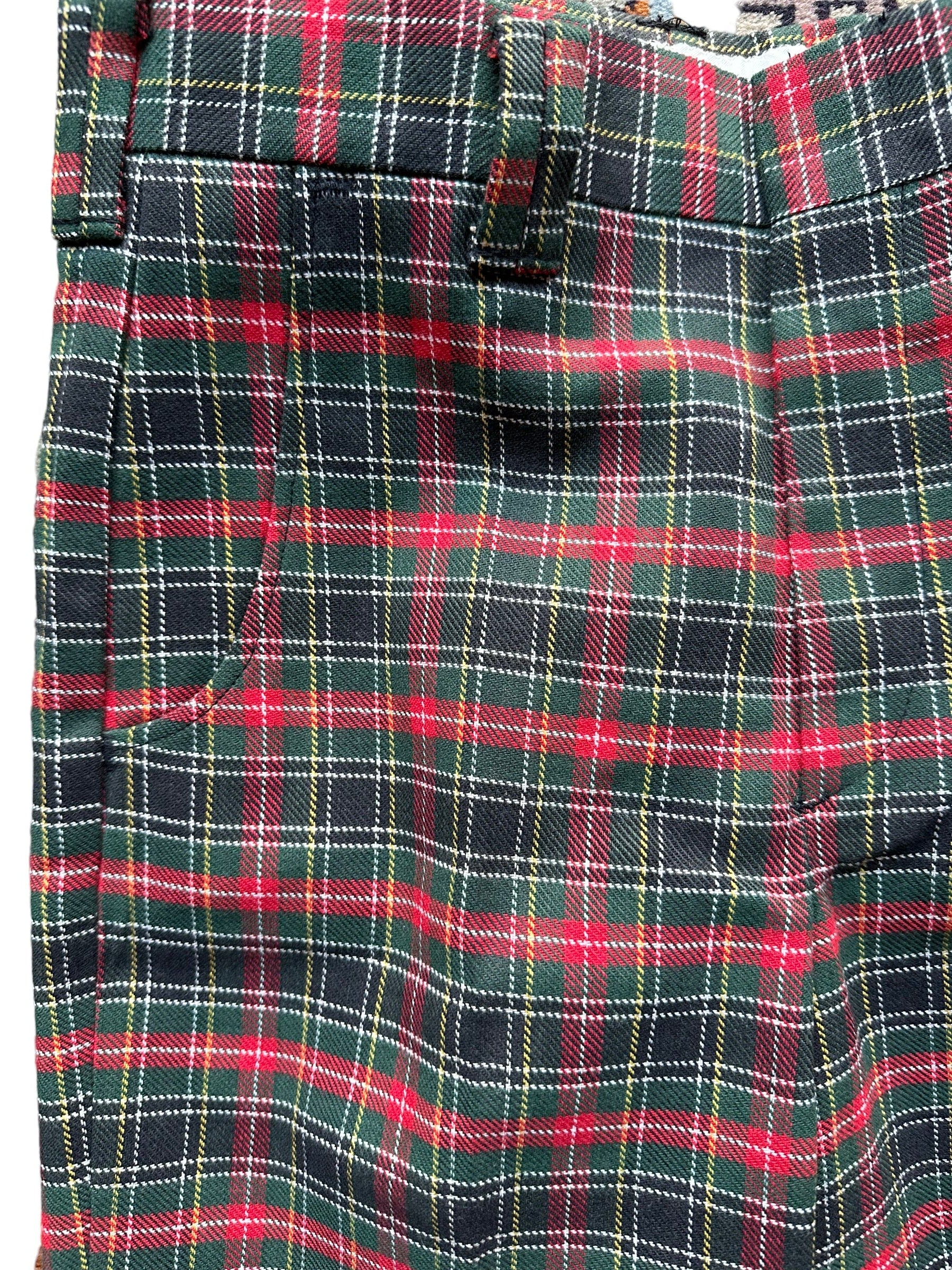Front right side waist view of Vintage 1970s Deadstock Plaid Levi's Boyswear Trousers 27x33 | Vintage Deadstock Pants | Seattle True Vintage