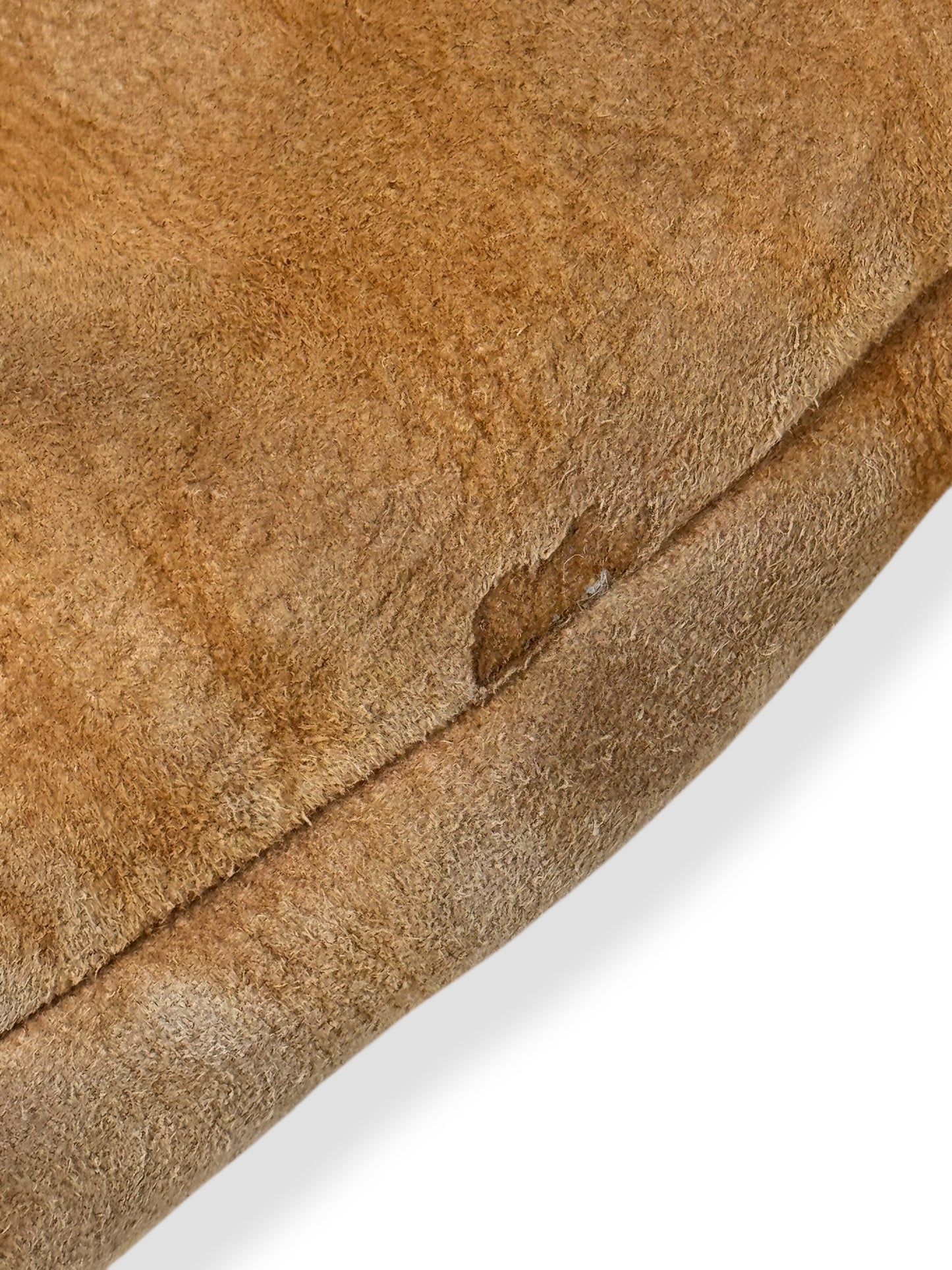 Hole at hem of 1970s Aleksander Suede Shearling Coat M