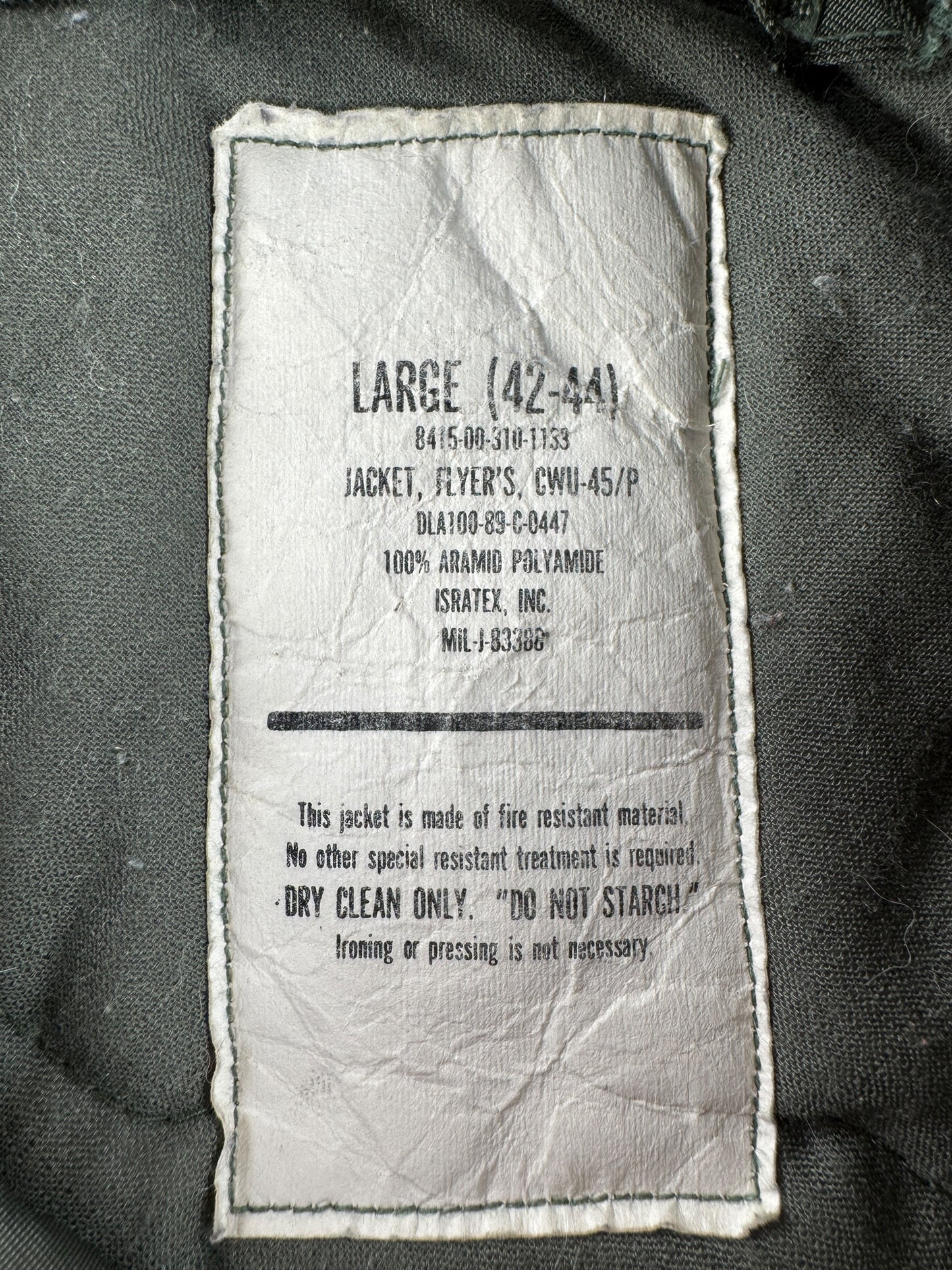 Label on Vintage CWU-45 Flight Jacket SZ L