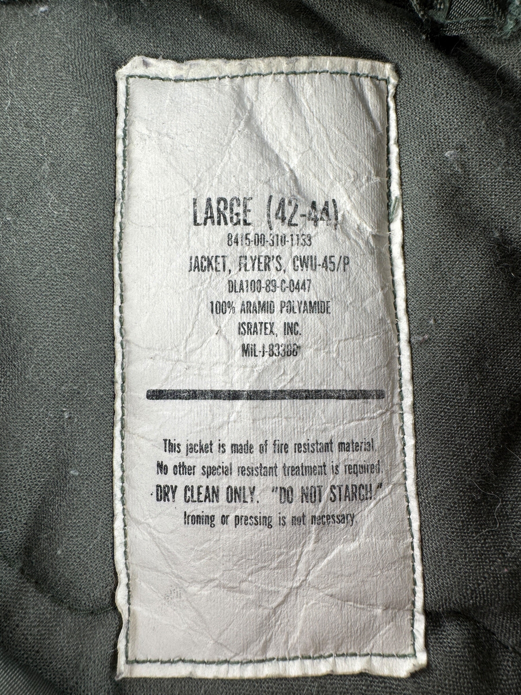 Label on Vintage CWU-45 Flight Jacket SZ L