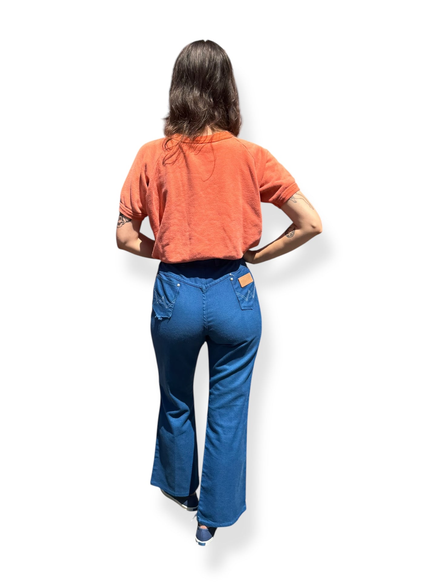 Rear On Body View of Vintage Blue Miss Wrangler Jeans W32