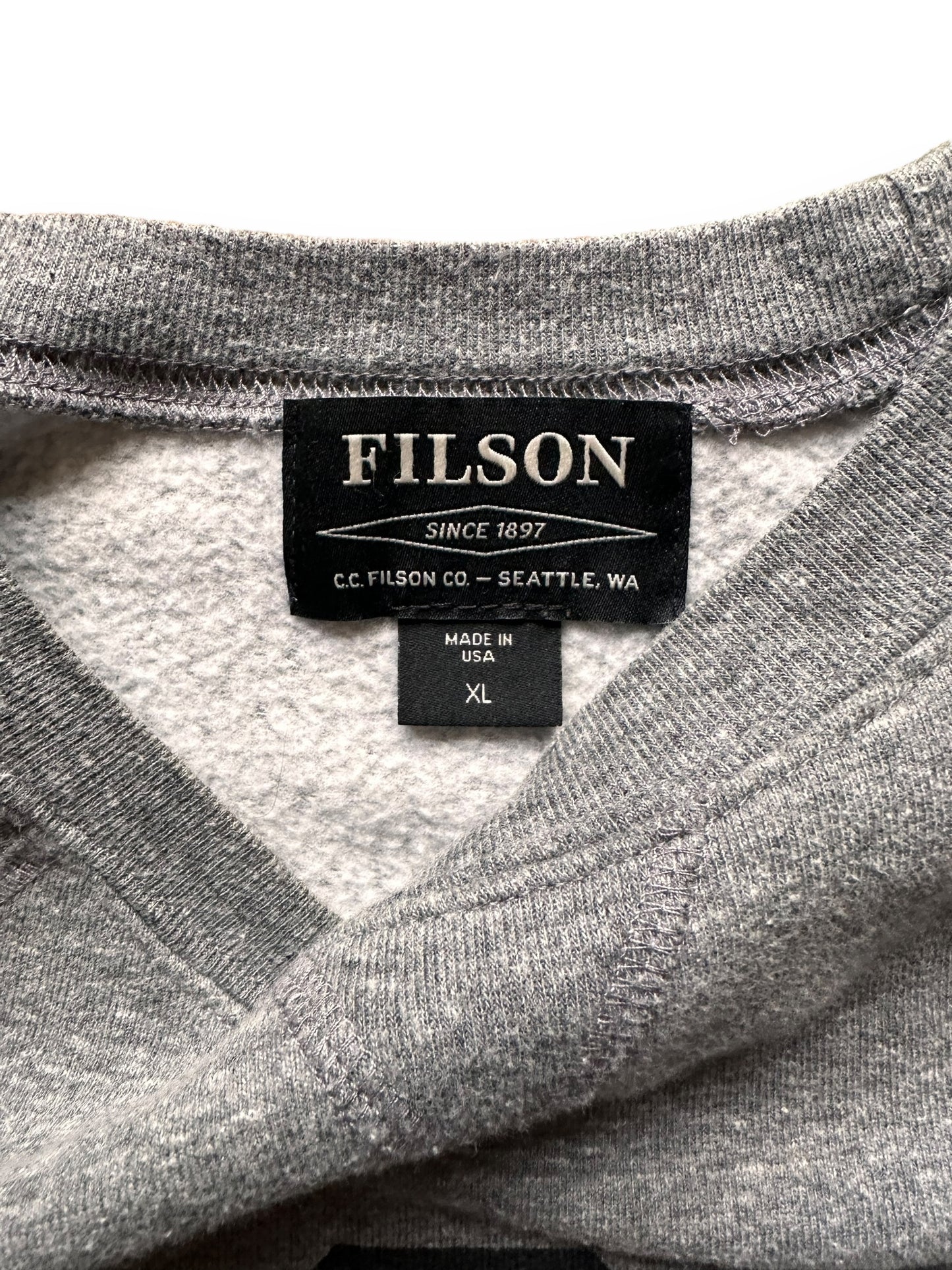Tag View on Filson CCF Single V Crewneck Sweatshirt SZ XL |  Barn Owl Vintage Goods Seattle | Filson Bargain Outlet