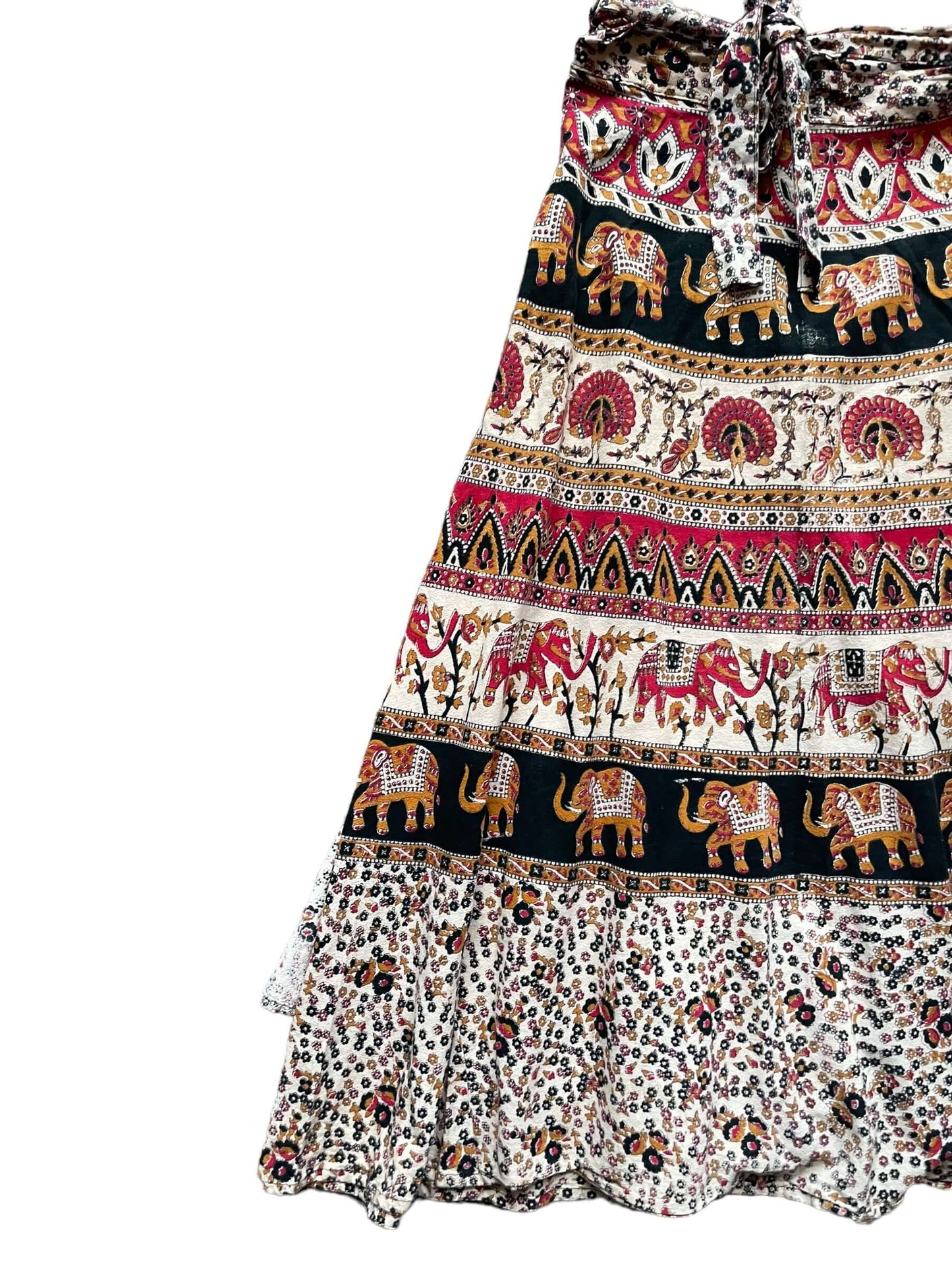 Front right side view of Vintage 1970s Indian Cotton Elephant Wrap Skirt SZ S-L | Barn Owl Ladies Clothing | Seattle True Vintage