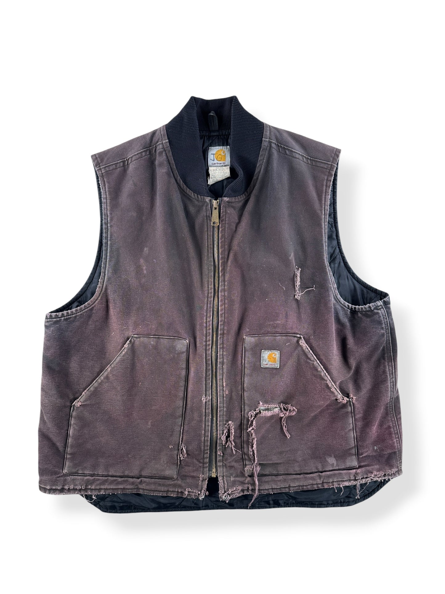 Front Close Up of Vintage Thrashed Brown Carhartt Vest SZ XL