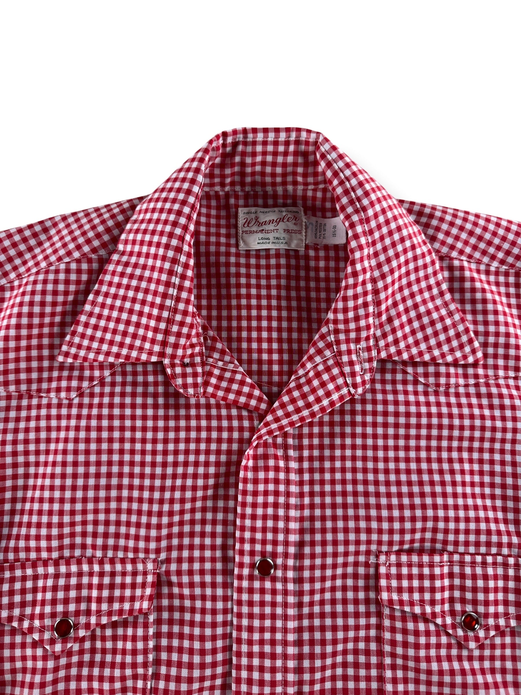 Collar on Vintage Wrangler Red Gingham Pearlsnap SZ 15 1/2