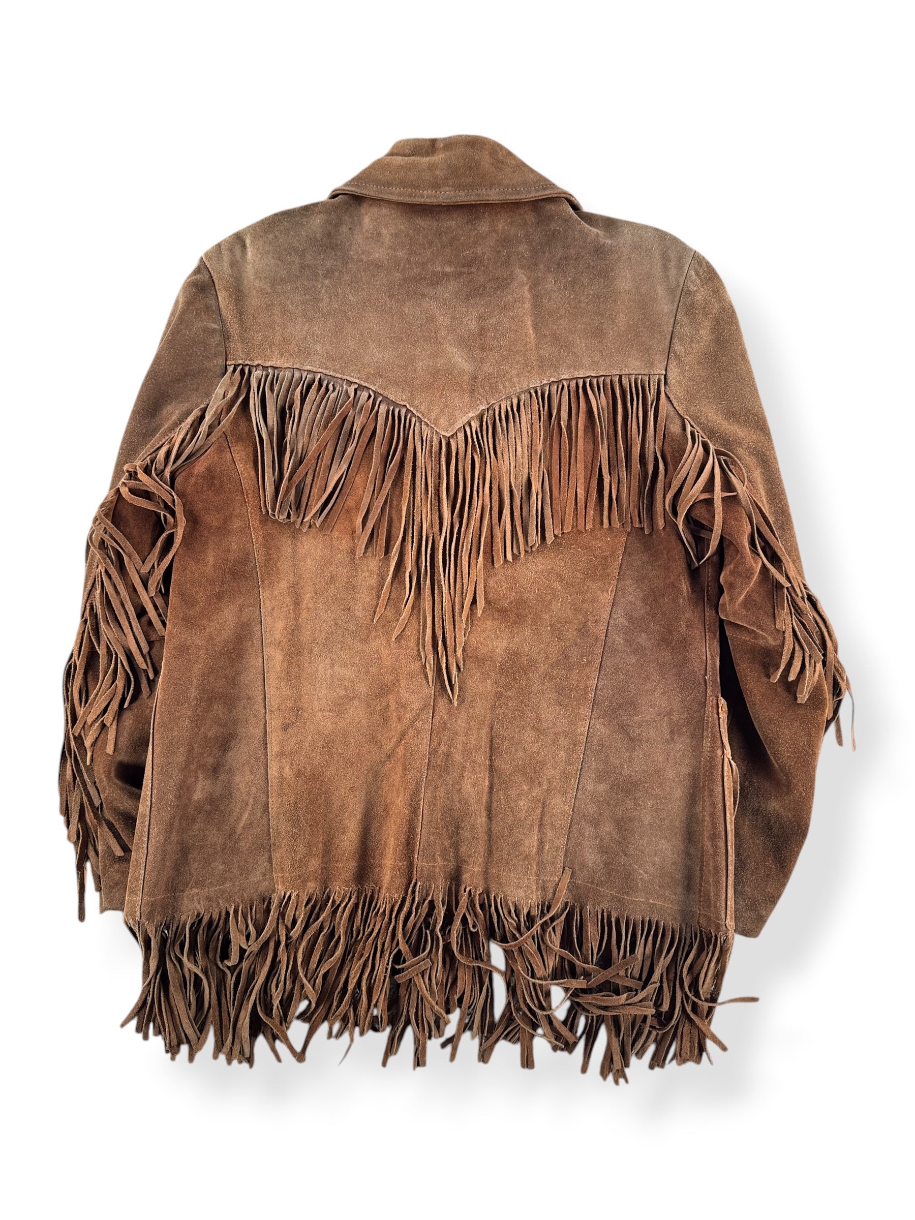 Back of Vintage 70s Ms Pioneer Fringe Suede Leather Jacket SZ 14