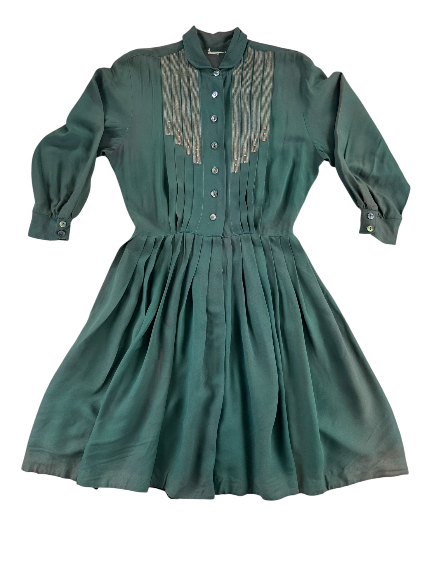 Front view of 1940s Green Rayon Pleated Dress M