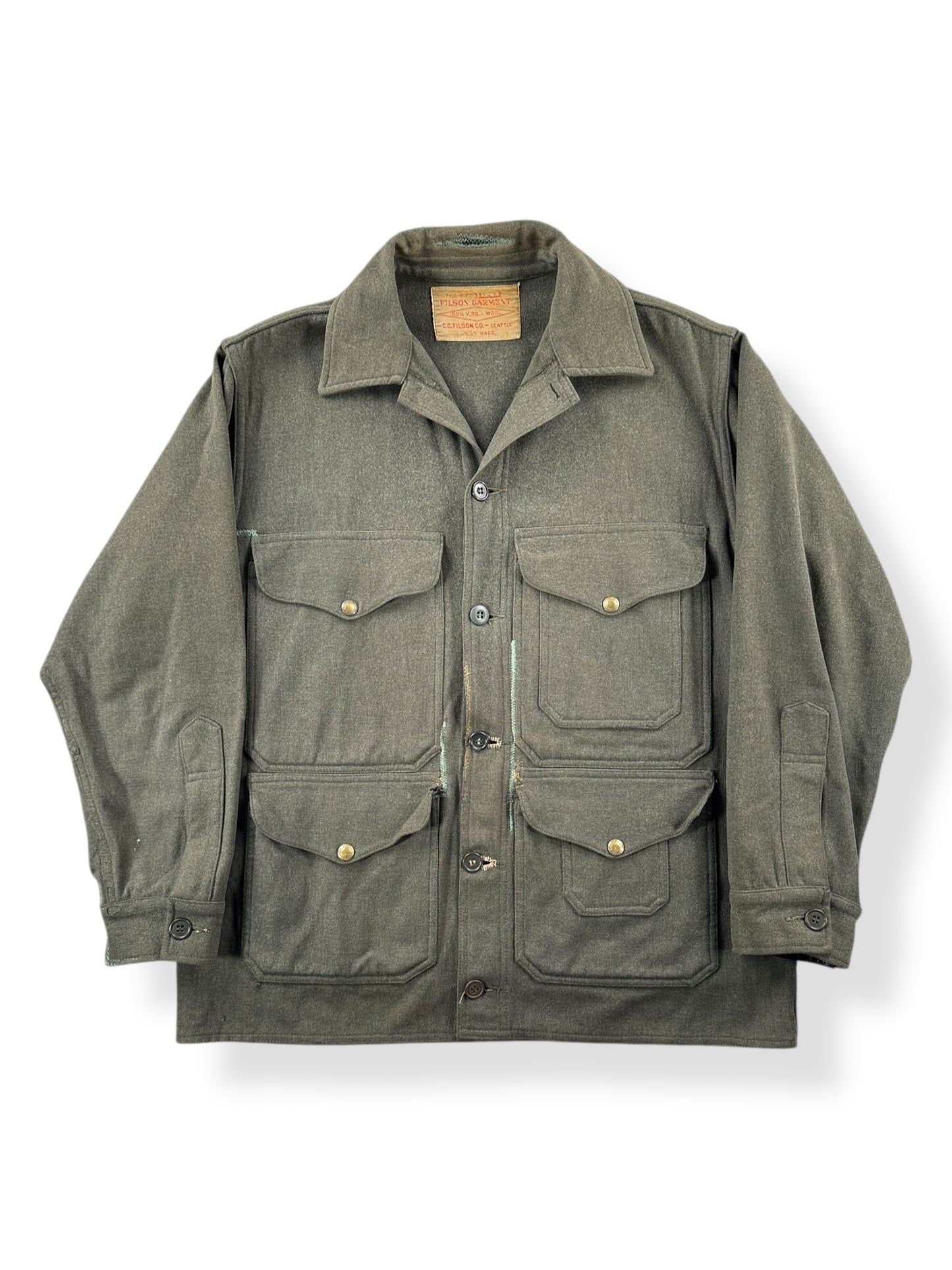 Front of Vintage 60’s Filson Green Wool Mackinaw Jacket W/ Repairs SZ L