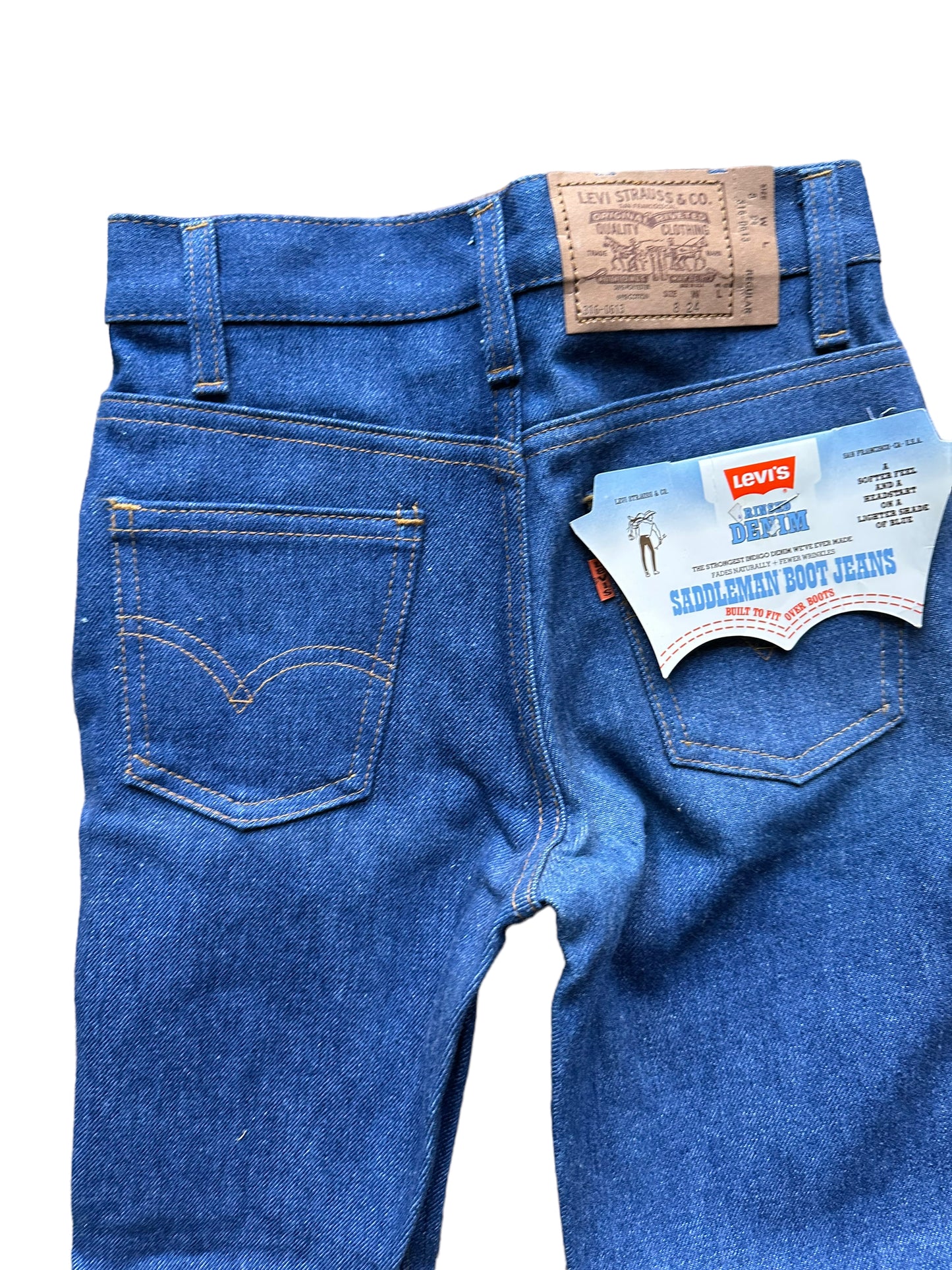 Back pockets view of Vintage Deadstock Saddleman Boot Cut Jeans 24x23 | Seattle Kid's Vintage | Barn Owl Deadstock Levi's