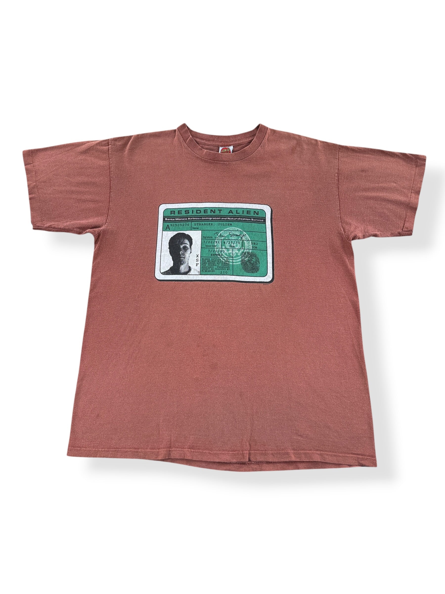 Front of Vintage Santa Cruz Julien Stranger Santa Monica Airlines Skateboard Tee SZ XL