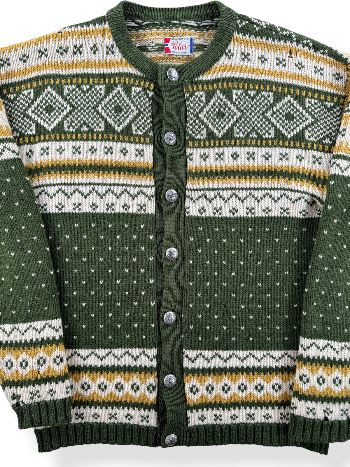 Close-up of Vintage Green & Mustard Norwegian Wool Cardigan SZ M