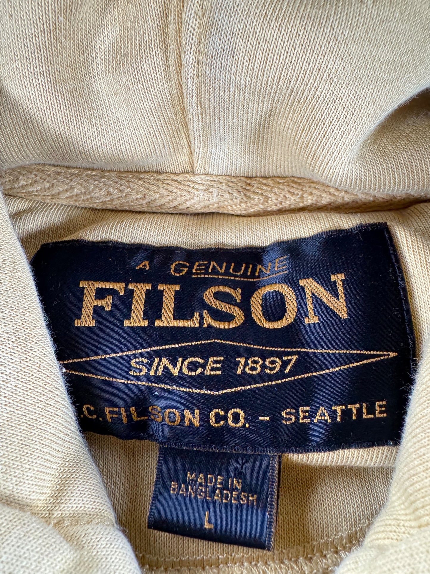 Label on Filson Dune Yellow Prospector Hoodie SZ L