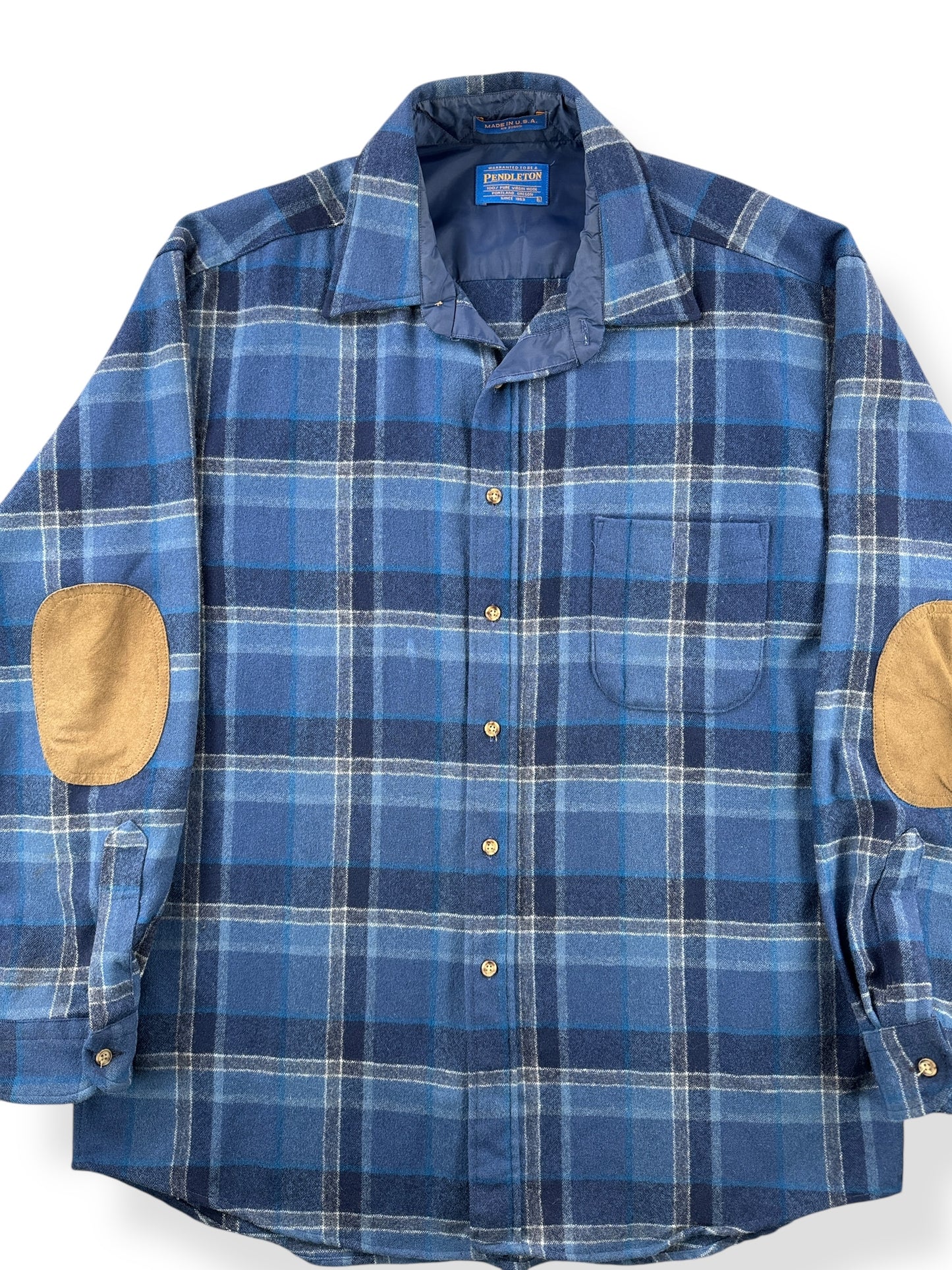 Front Close Up of Vintage Pendleton Blue Plaid Flannel w/ Elbow Patches SZ L