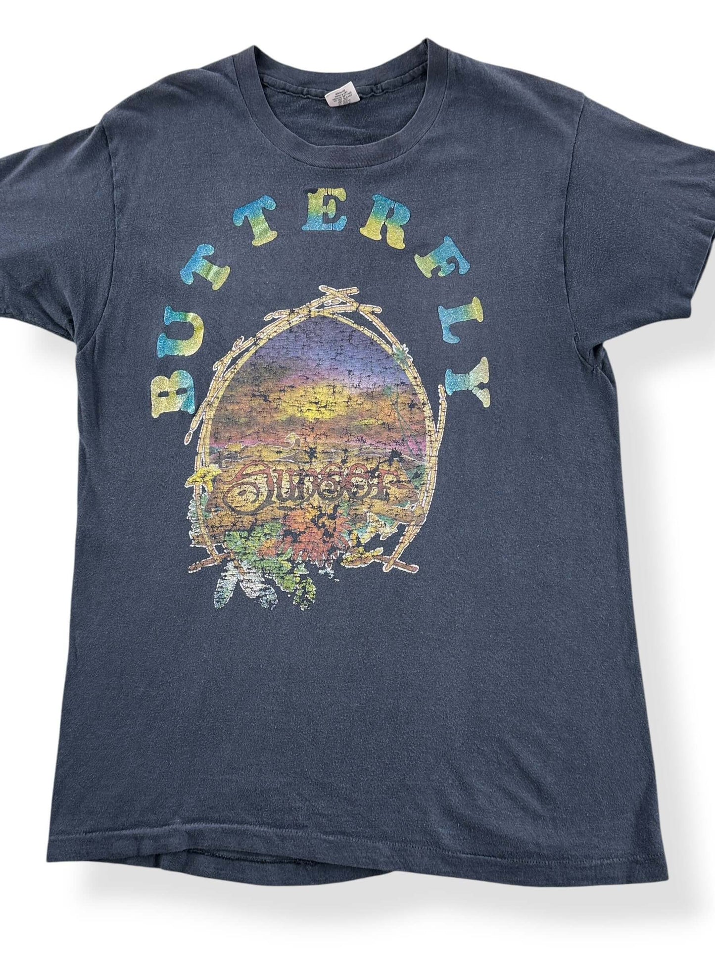 Front Close Up of Vintage Butterfly Sunset Heatpress Tee SZ M (Fits S)
