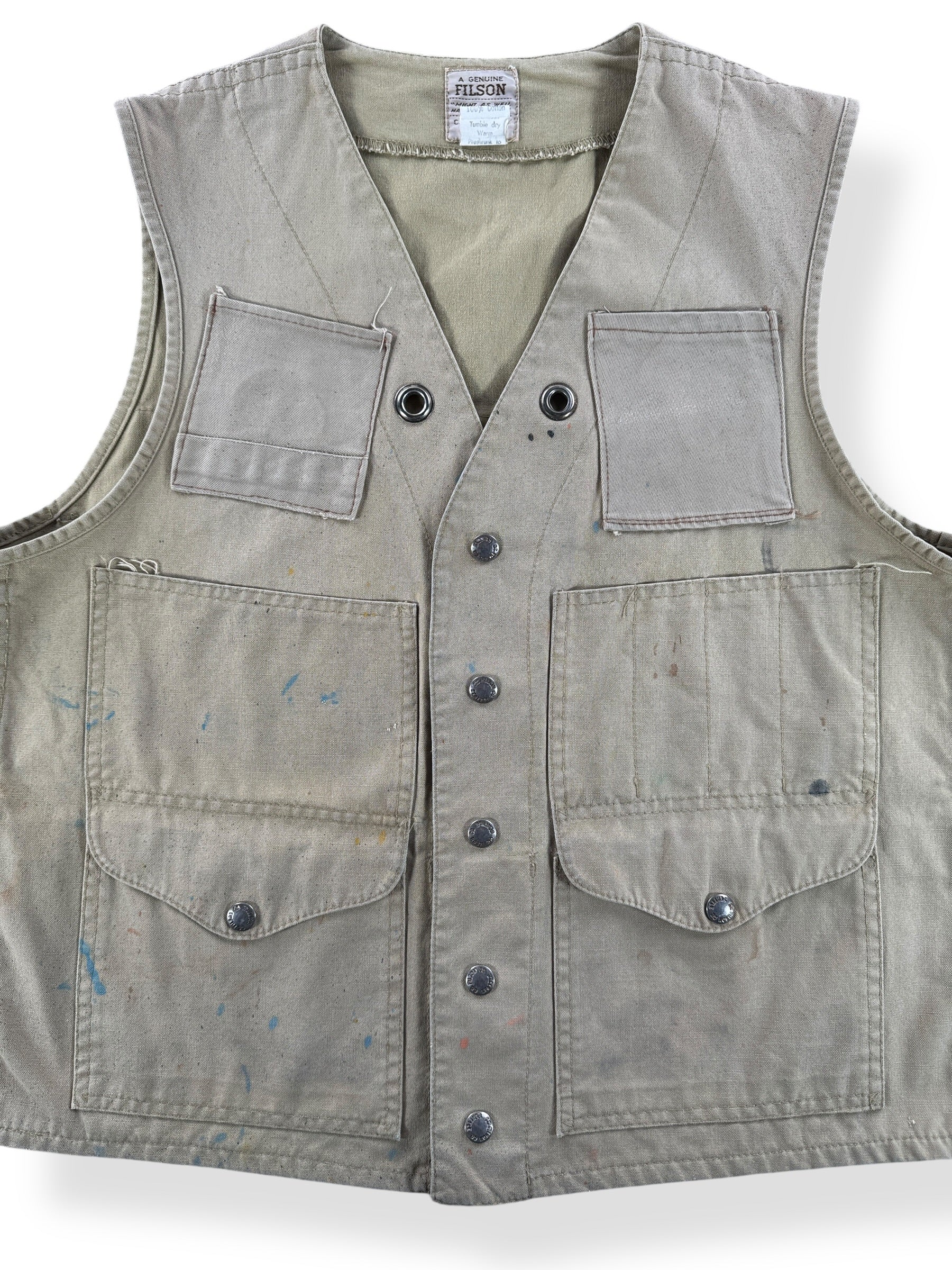 Front Close Up of Vintage Filson Style 8 Tin Cloth Vest W/ Custom Pockets & Grommets SZ 38