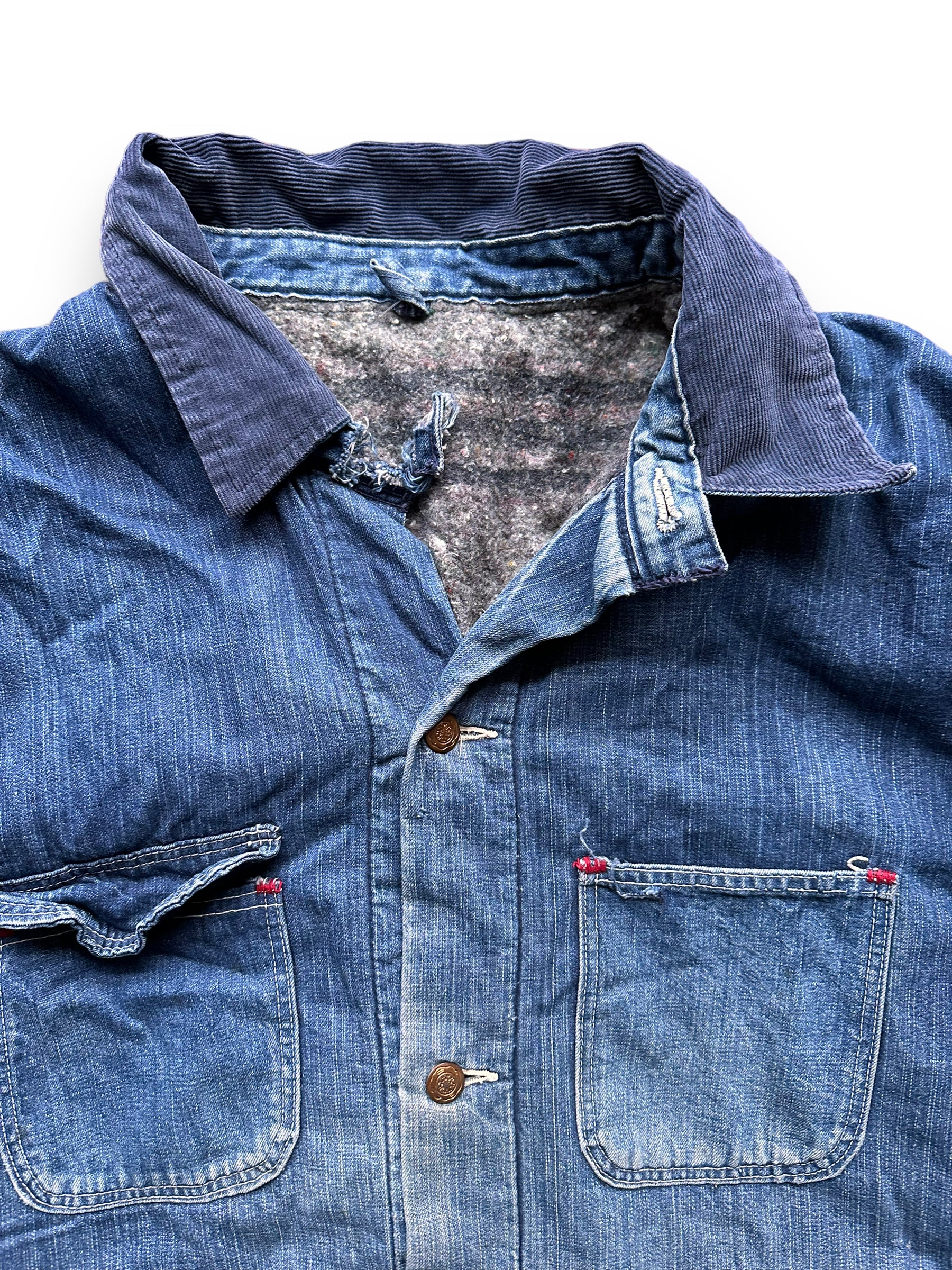 Collar View of Vintage Blanket Lined Wrangler Blue Bell Chore Coat SZ 50 | Vintage Denim Jacket Seattle | Seattle Vintage Clothing