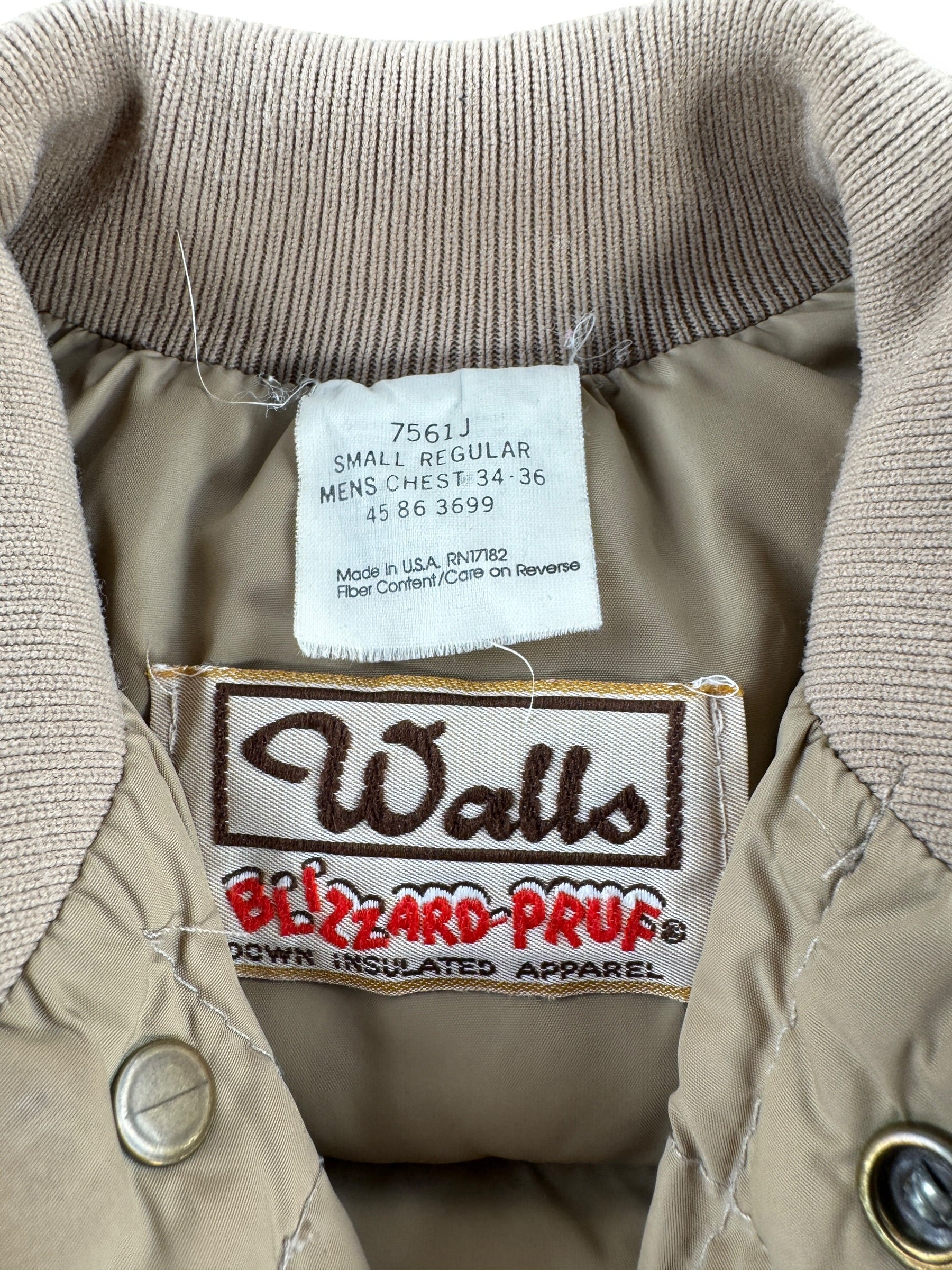 Label on Vintage Beige Blizzard Pruf Down Jacket SZ S
