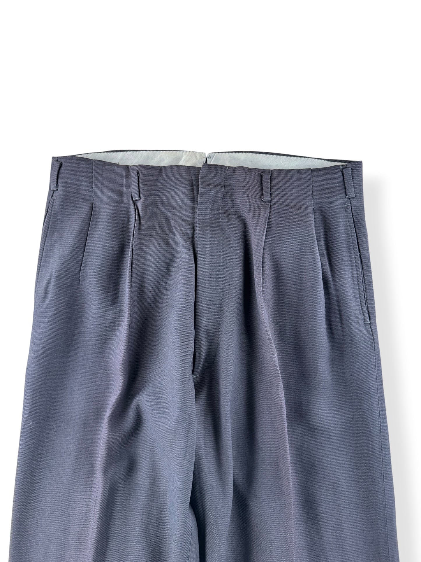 Front Close Up of Vintage Grey Rayon Drop Loop Trousers W34