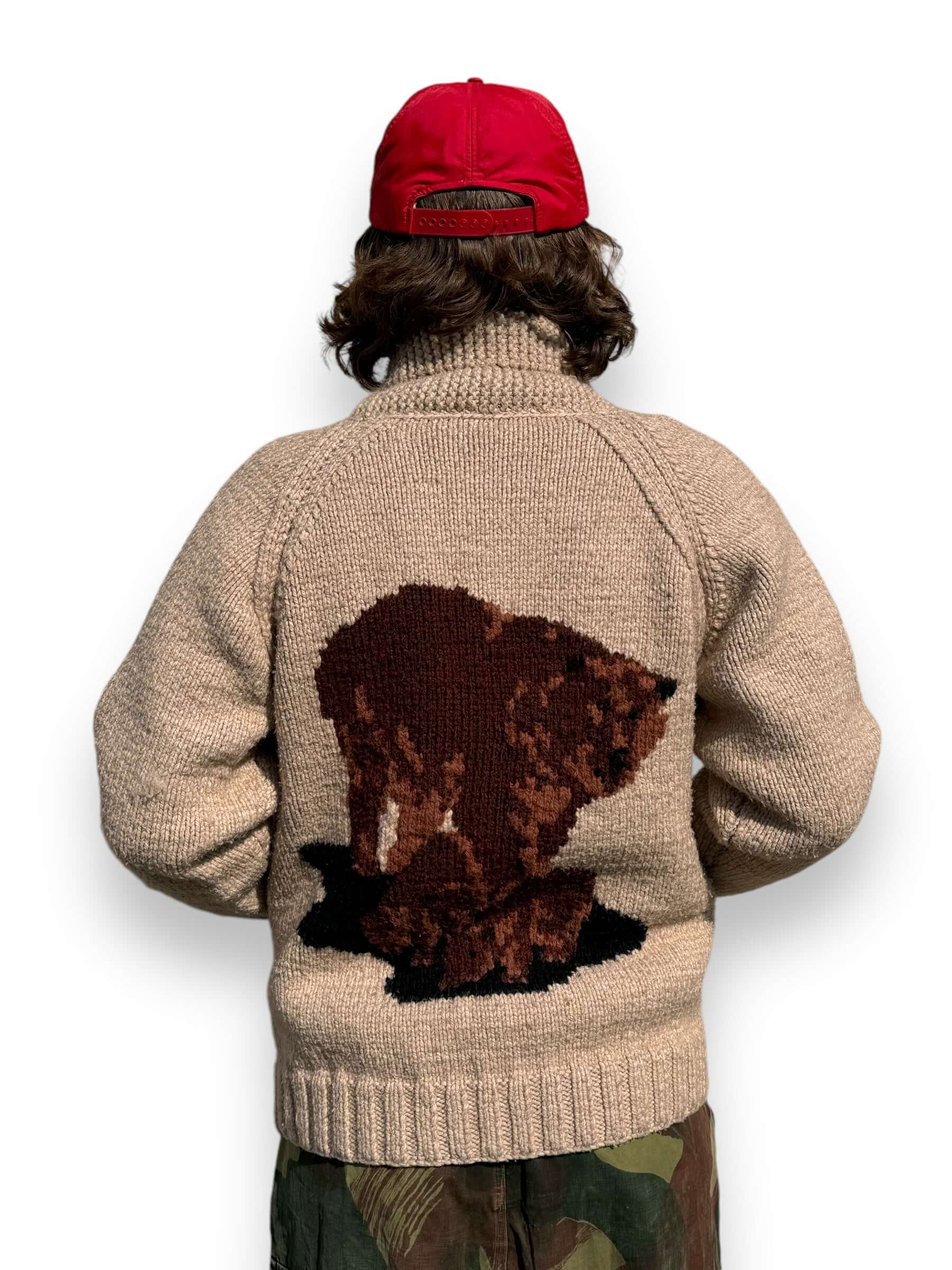 Rear View of Vintage Bear Themed Cowichan Sweater SZ L