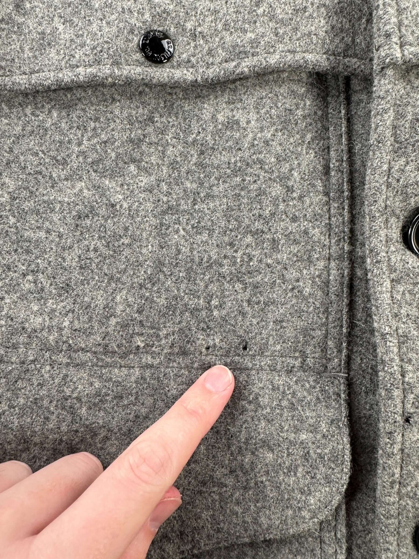 Hole on Vintage Filson Grey Double Mackinaw Coat SZ 44