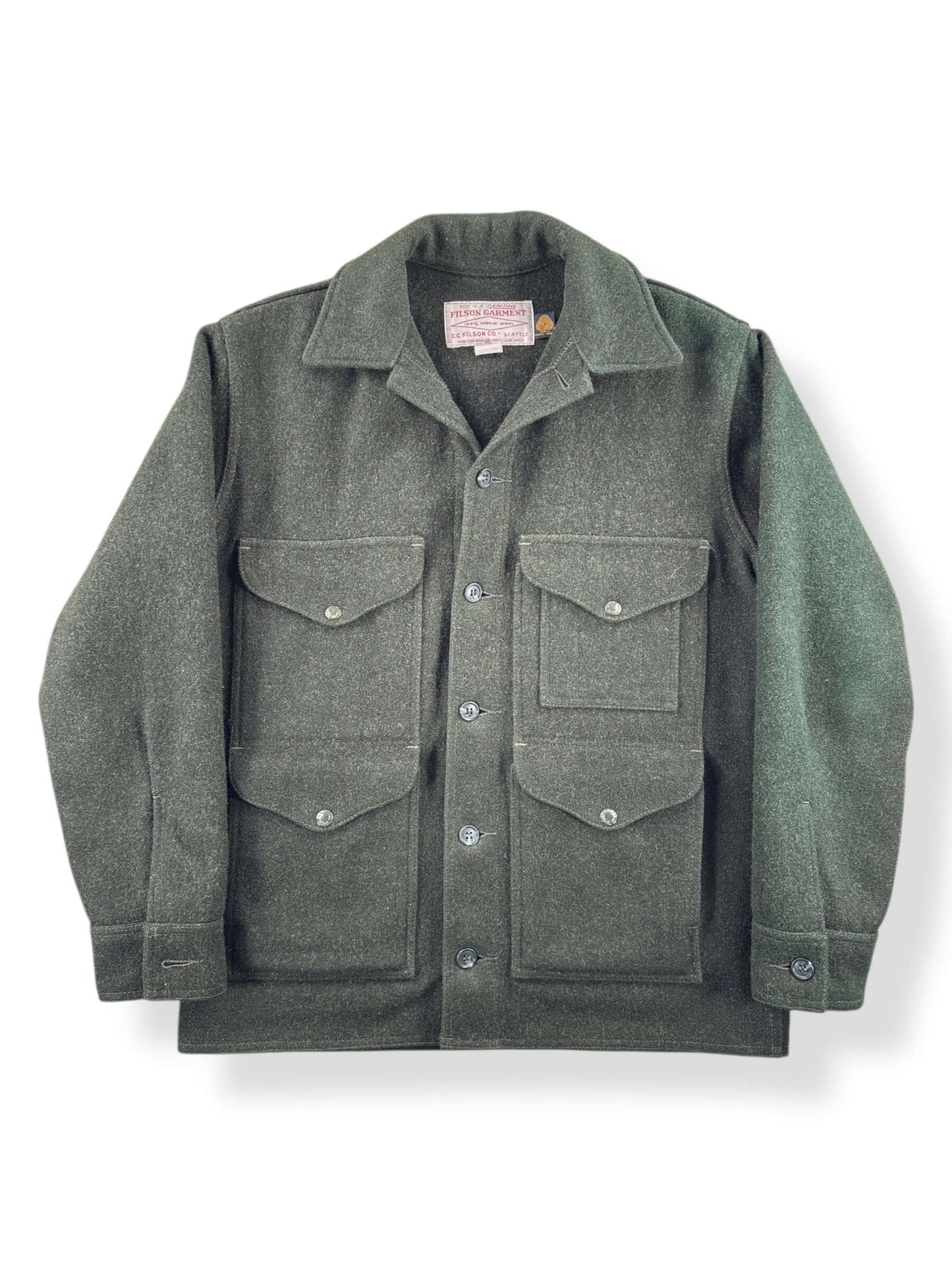 Front of Vintage 80s Era Filson Forest Green Mackinaw Cruiser Jacket SZ 38