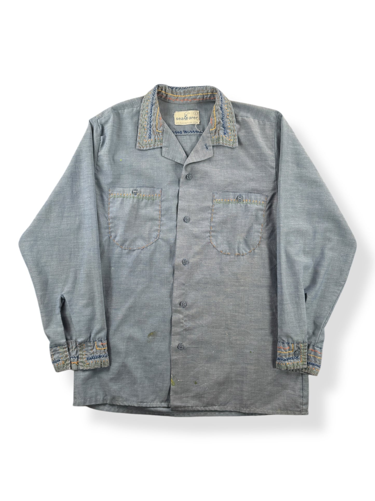 Front of Vintage Hand Embroidered Seafarer Embroidered Chambray SZ L (Fits M)