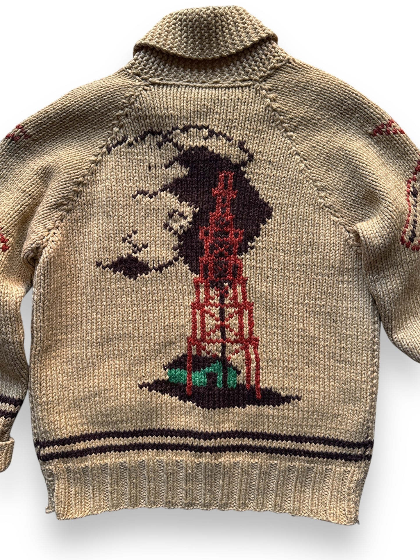 Rear Detail on Vintage Oil Derrick Themed Cowichan Style Sweater SZ M