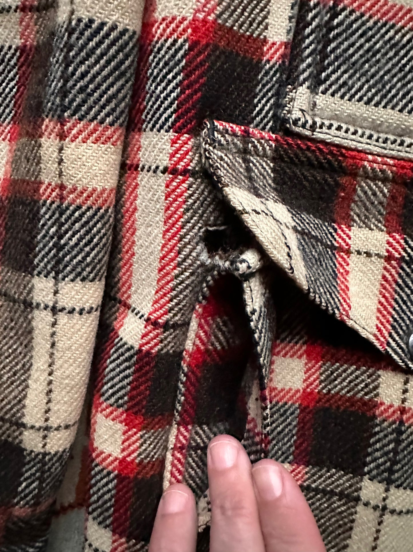 Small Hole on Lower Left Pocket on Extremely Rare 1951 Filson Red-Black-White Single Back Mackinaw Coat SZ 46 |  Vintage Filson Peppermint Patty Alternate | Vintage Workwear Seattle