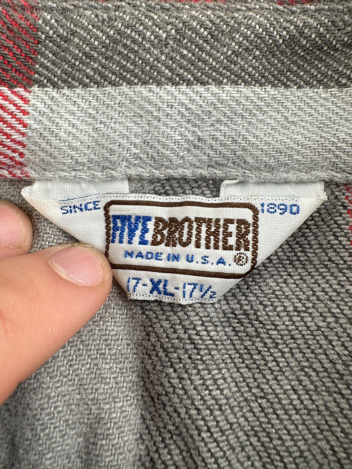 Tag on Vintage Five Brothers Red & Grey Cotton Flannel SZ XL