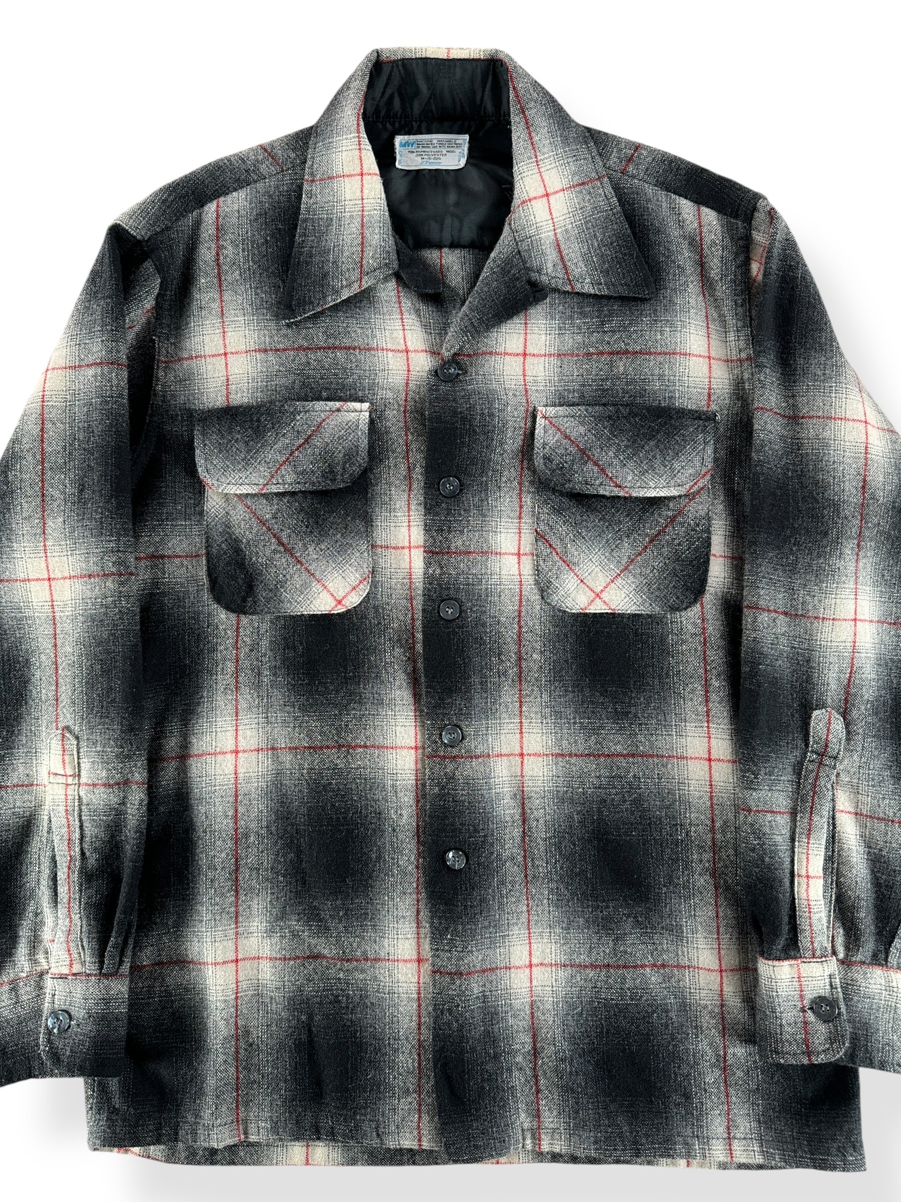 Front Close Up of Vintage Penney's Wool Blend Shadow Plaid Flannel SZ M
