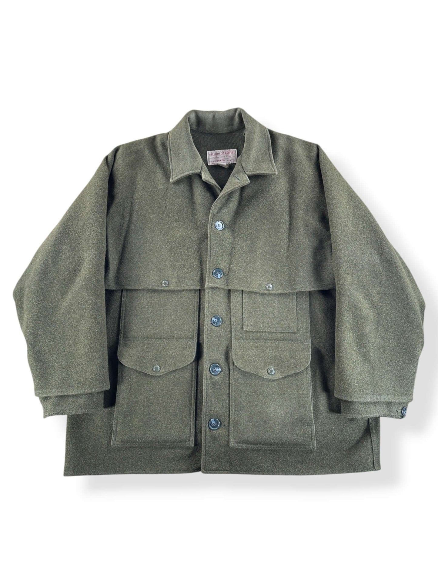 Front of Vintage 90s Era Filson Olive Green Double Mackinaw Jacket SZ 48