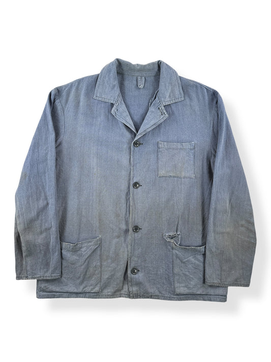 Front Close Up of Vintage Faded And Distressed French Chore Coat SZ L