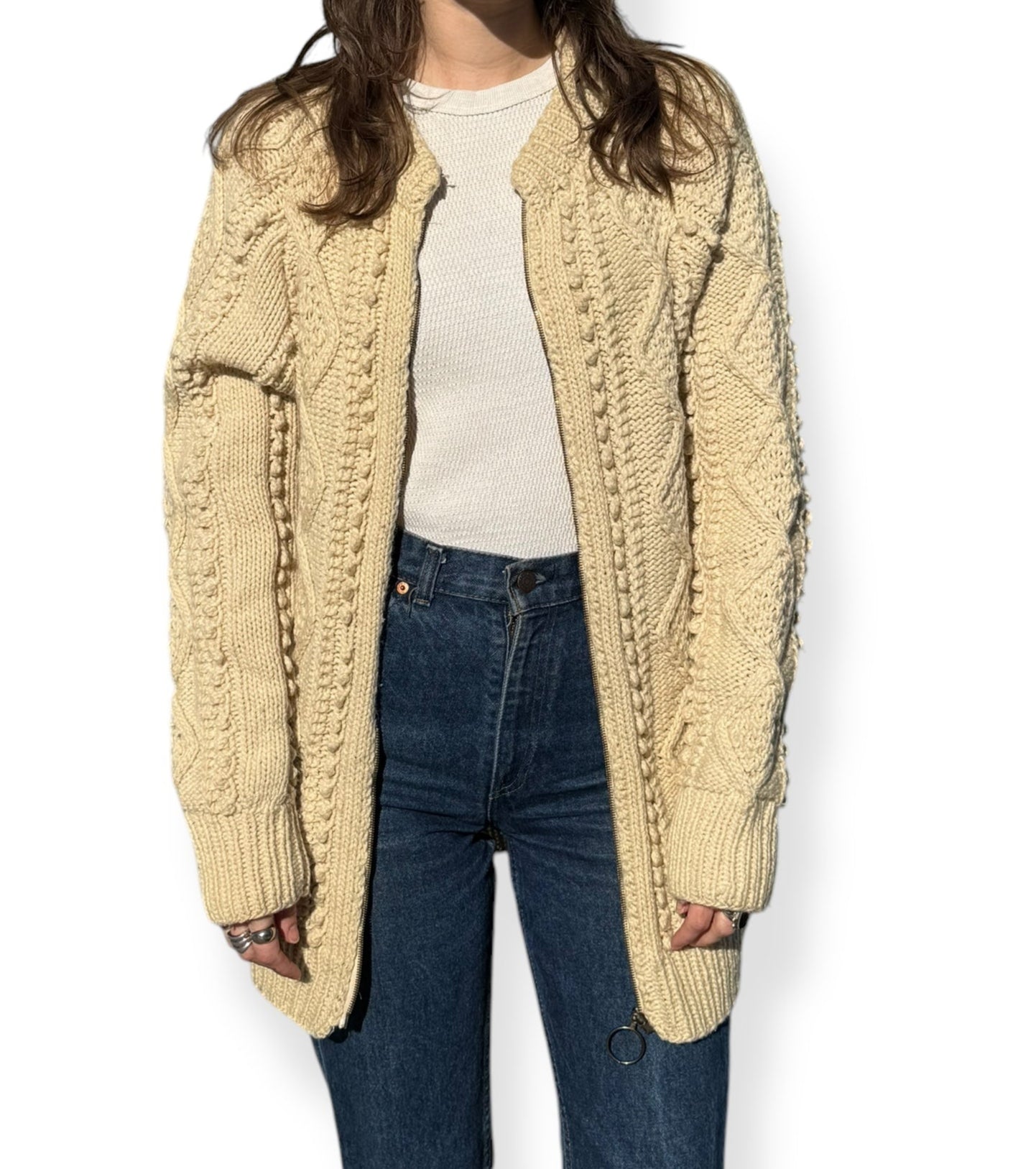 1940s Handmade Cable Knit Zip Up X-XL