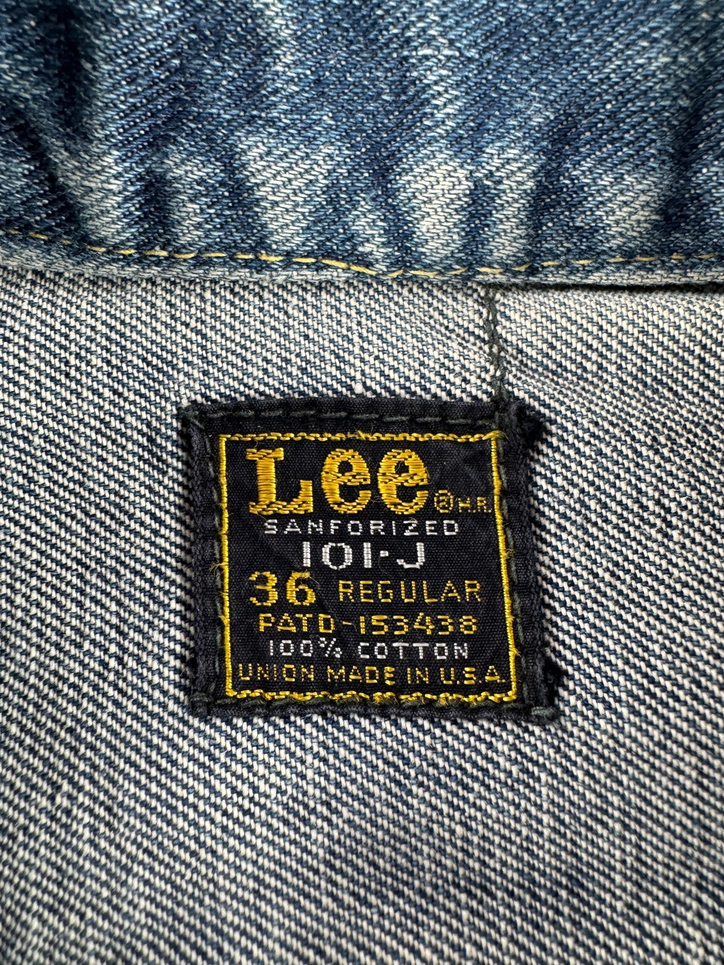 Label on Vintage 70s Era Lee Denim 101-J Jacket SZ 36