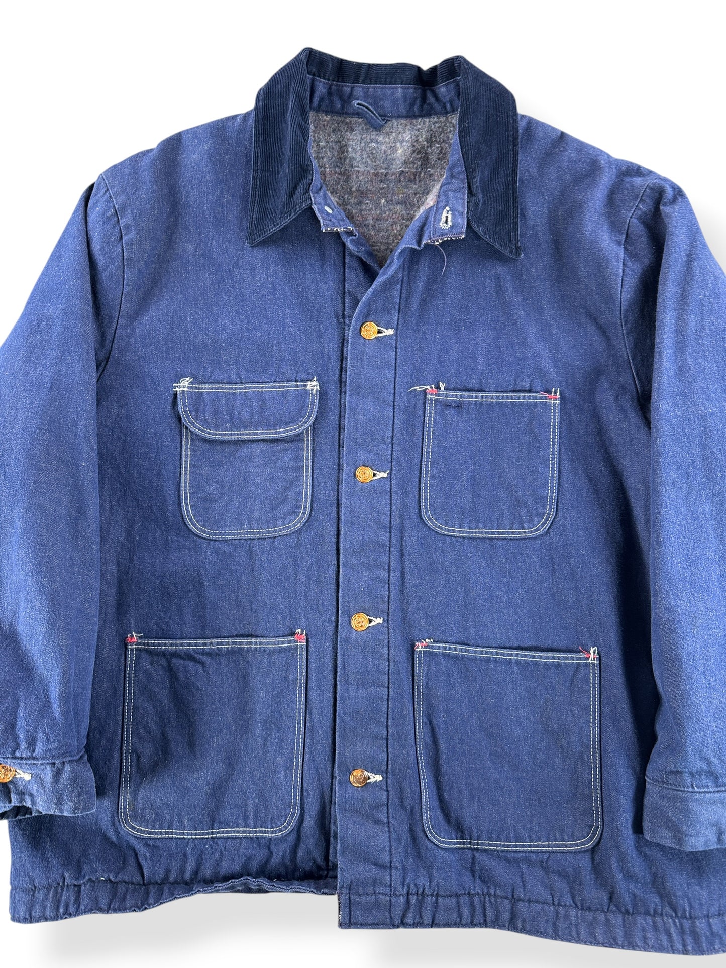 Front Close Up of Vintage Wrangler Blanket Lined Denim Chore Coat SZ 50