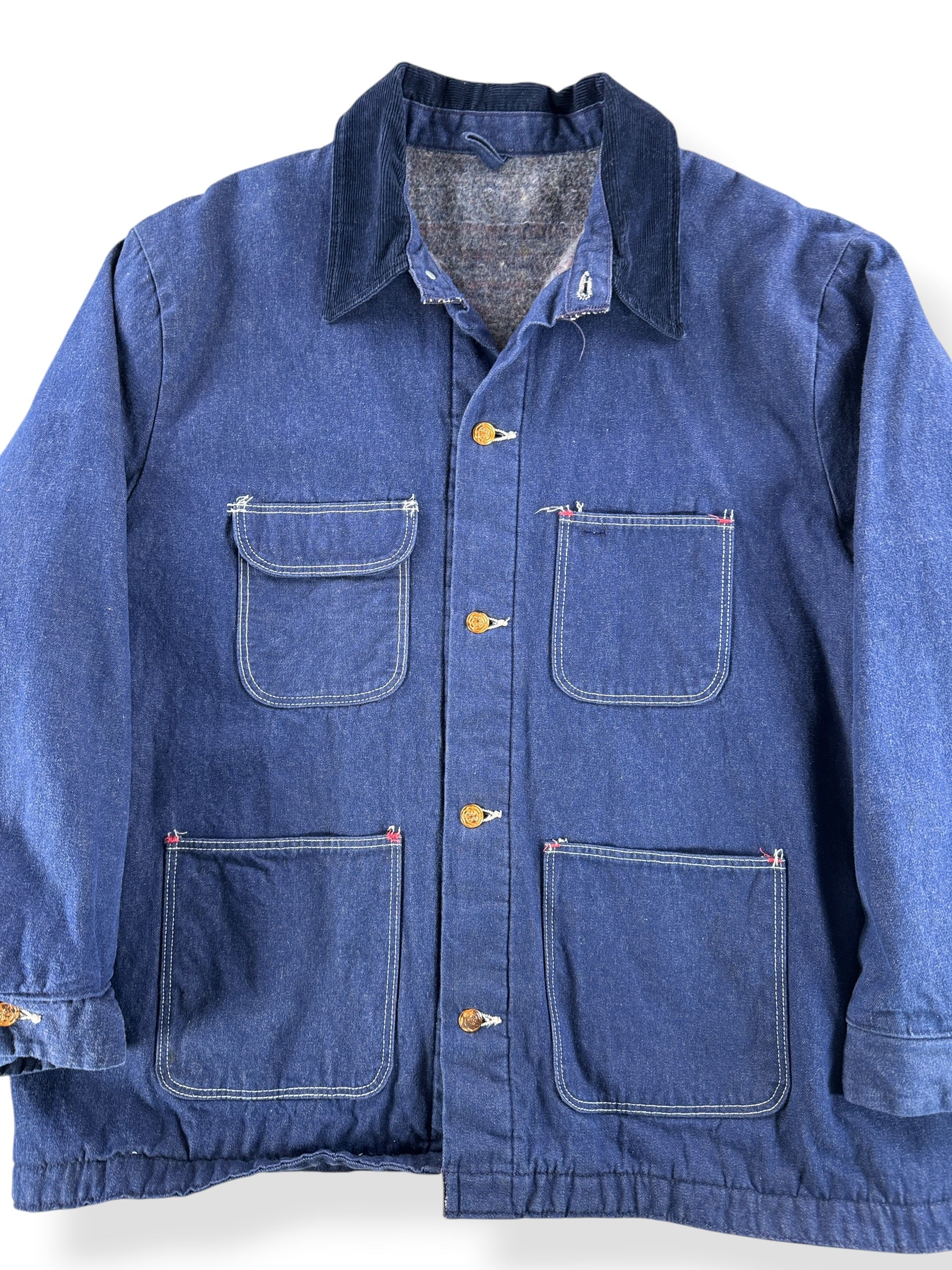 Front Close Up of Vintage Wrangler Blanket Lined Denim Chore Coat SZ 50