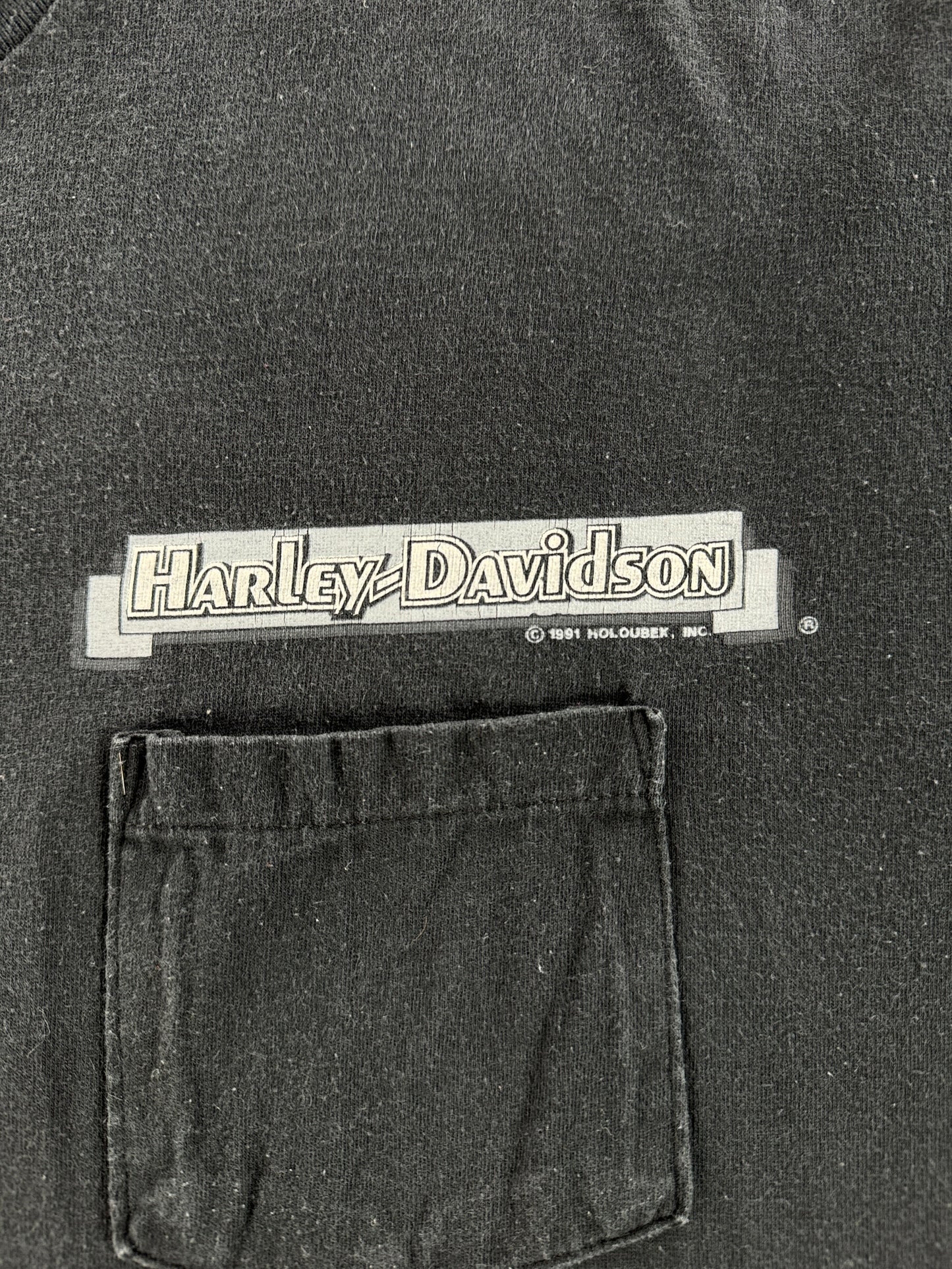 Label on Vintage Harley Davidson of Tacoma Single Stitch Pocket Tee SZ XL