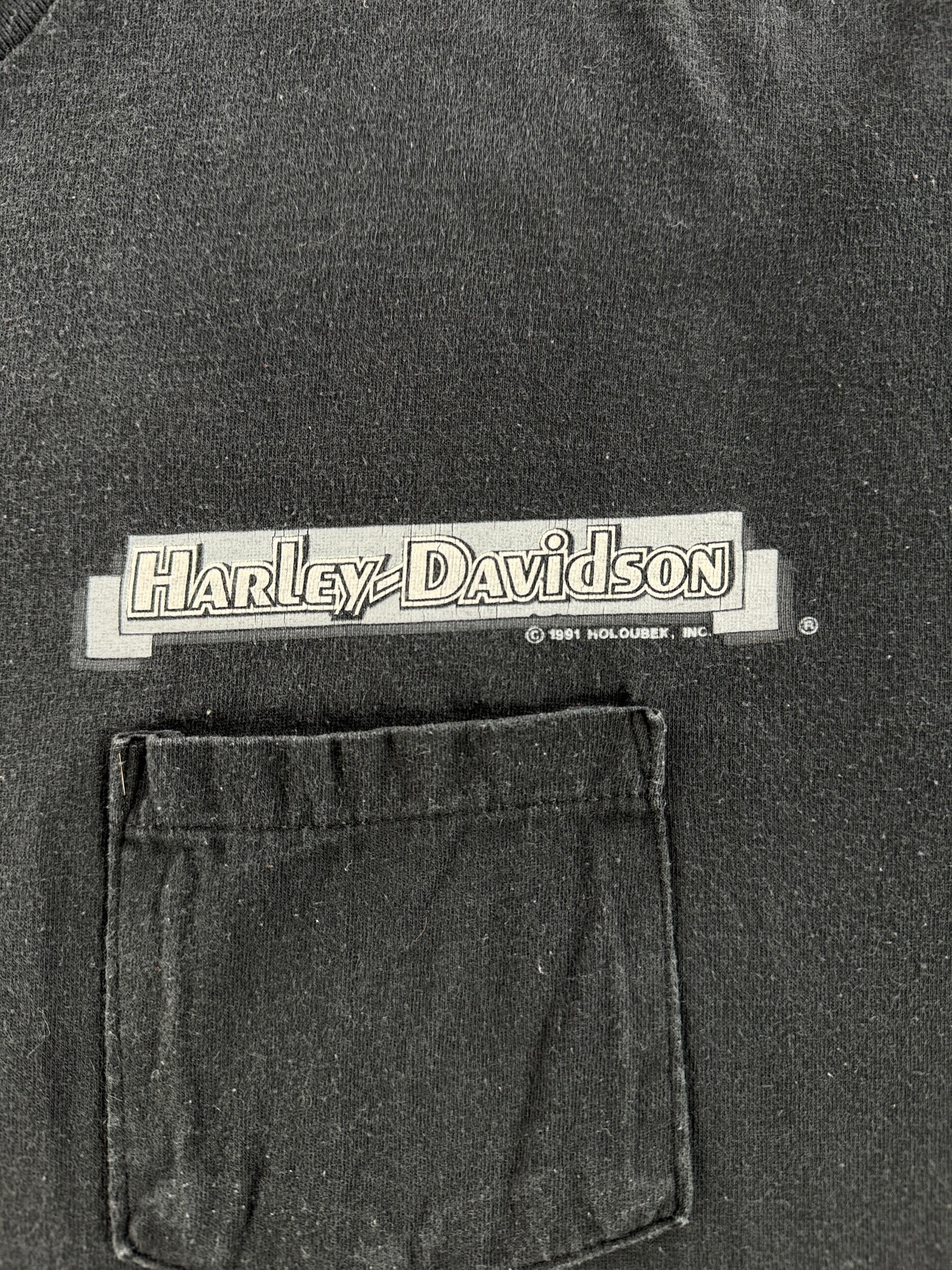 Label on Vintage Harley Davidson of Tacoma Single Stitch Pocket Tee SZ XL