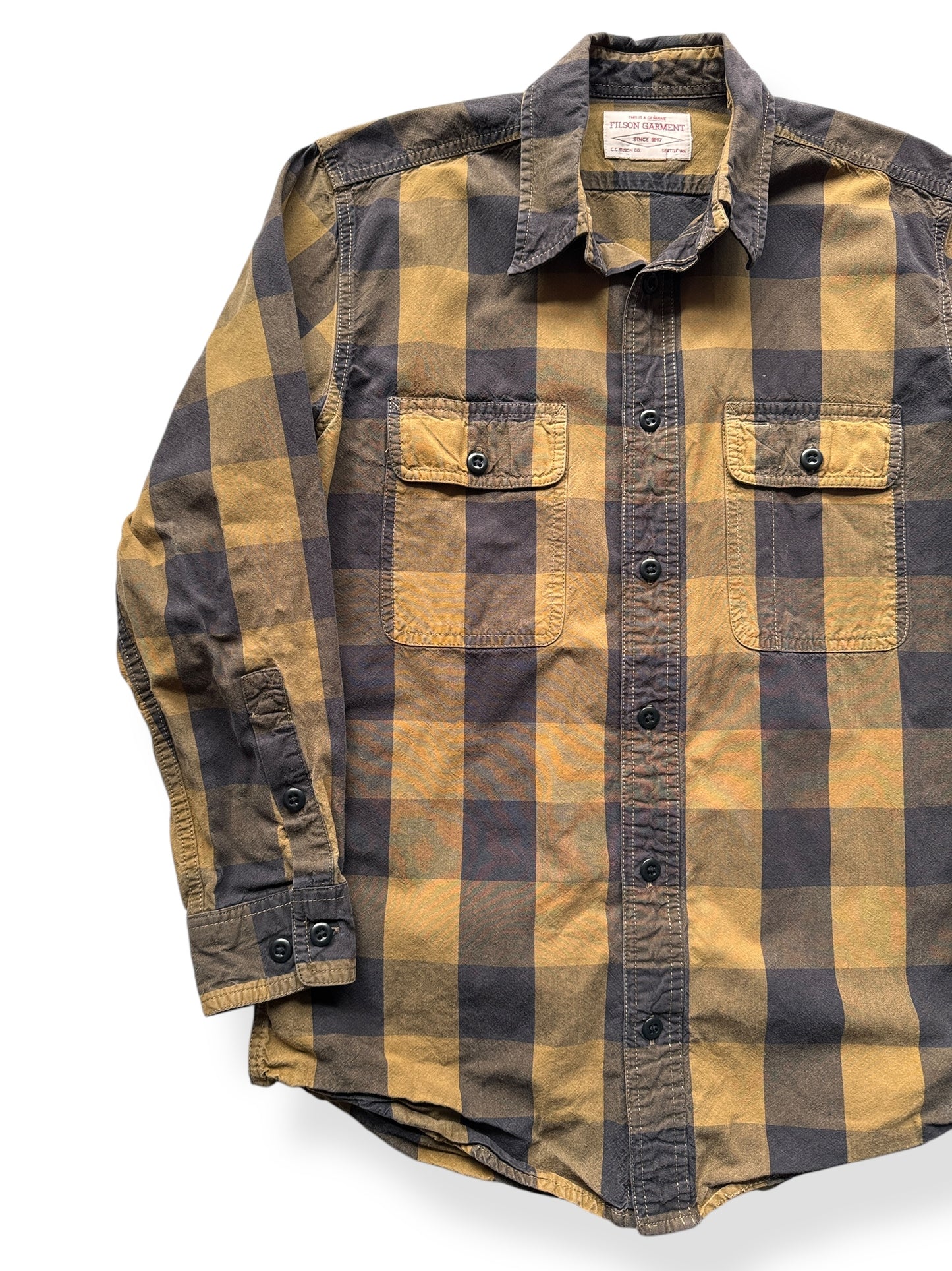 Front Right of Modern Filson Brown Black Plaid Button Up SZ M