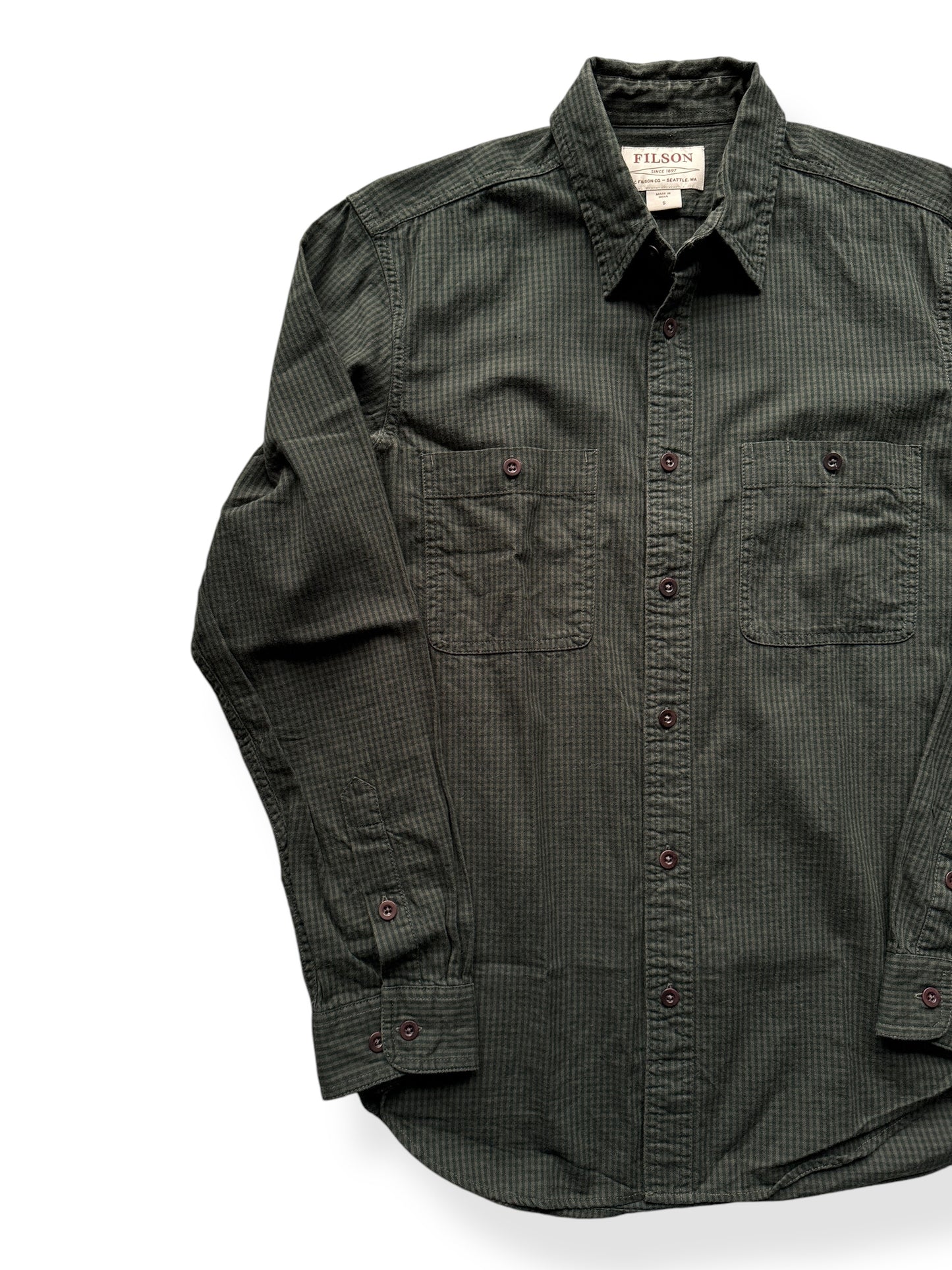 Front Right of Filson Forest Brown Button Up Shirt SZ S