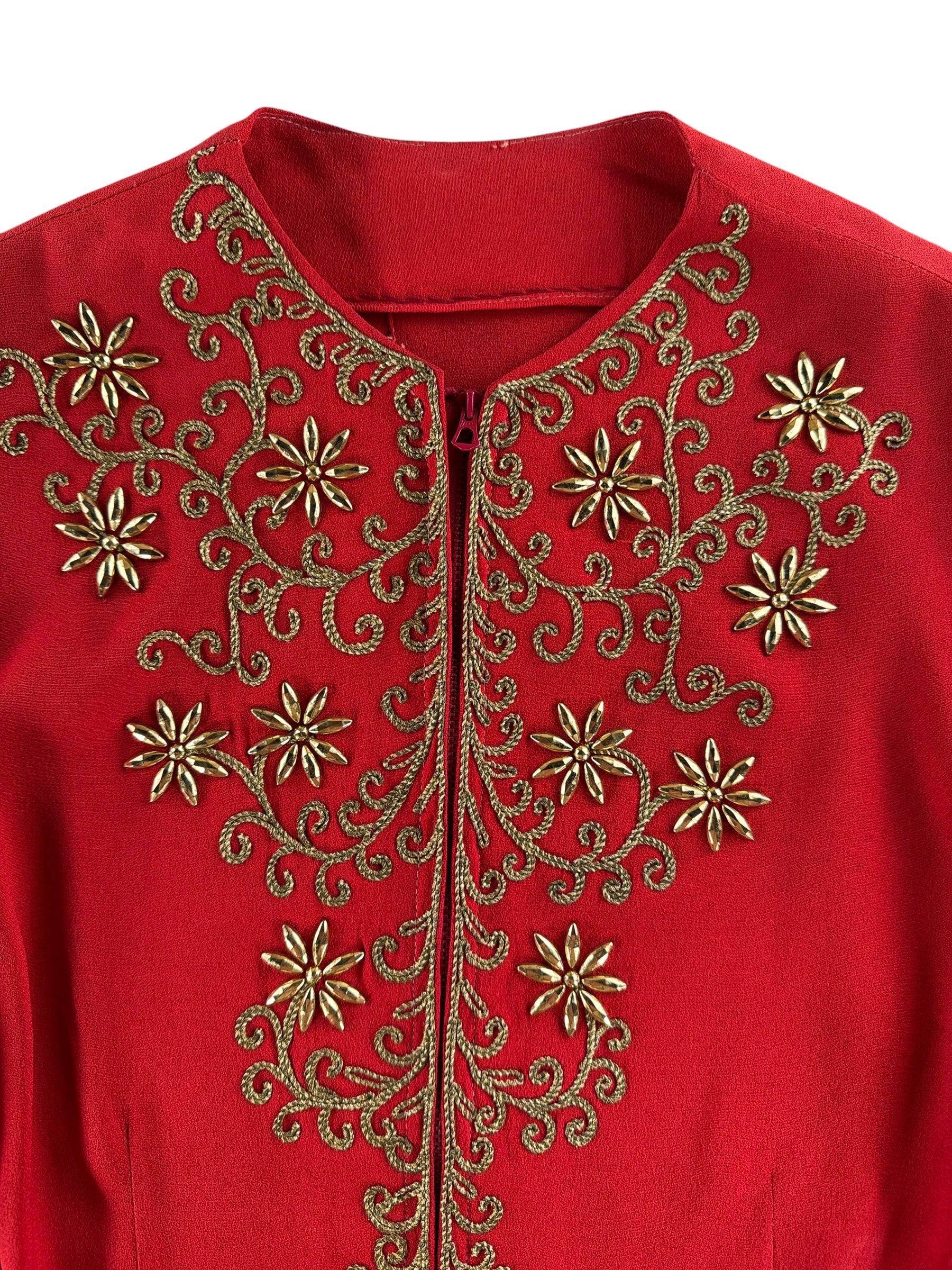 Bead work on front of Vintage 1940s Red Rayon Blouse W/ Beadwork SZ XS