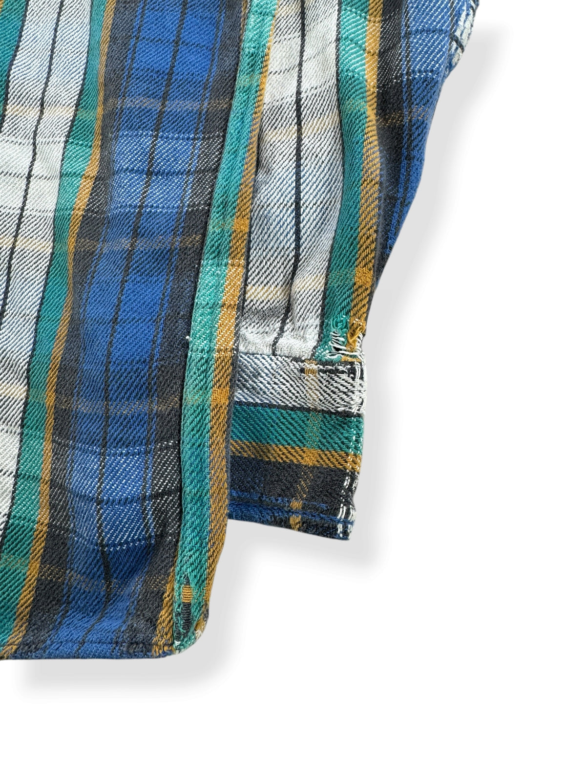 Ware on back of cuff of Vintage 80s Thrashed Cotton Flannel SZ XL