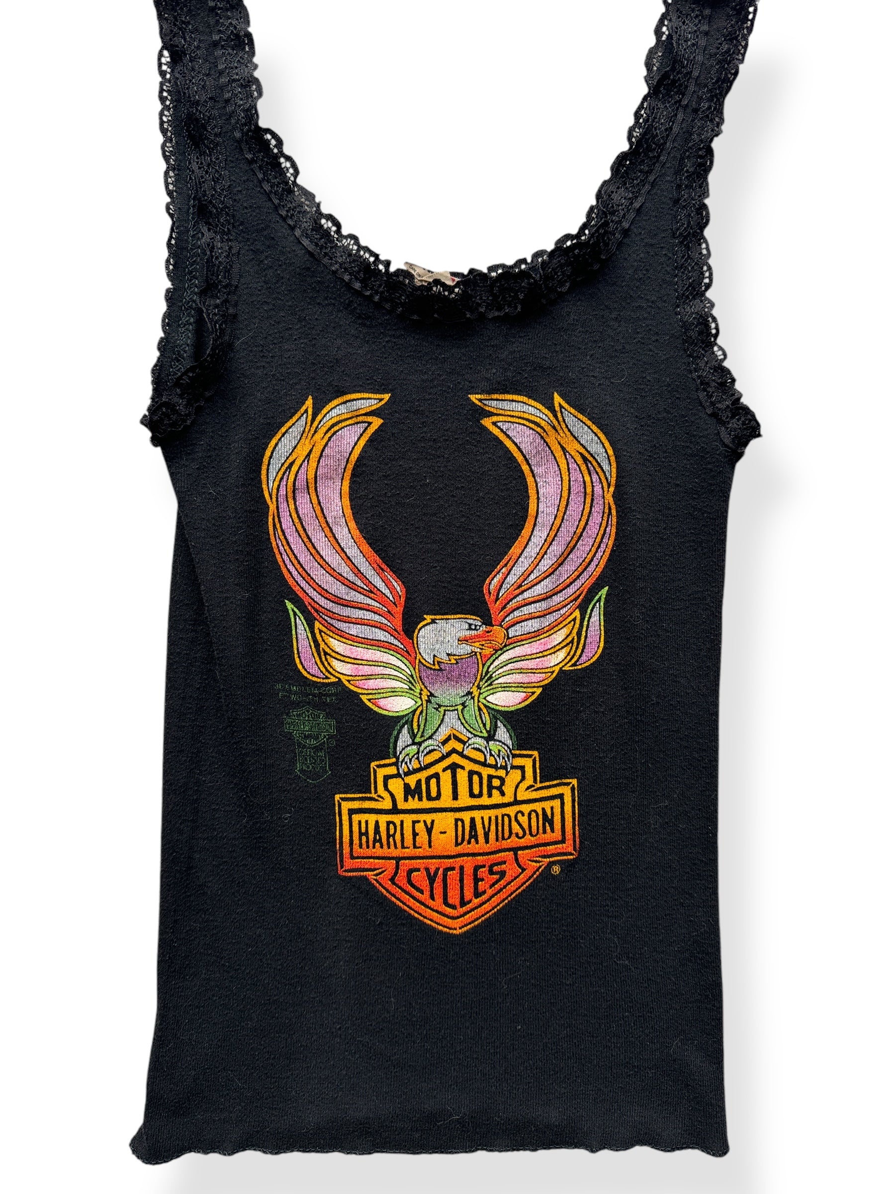 Front Close Up of Vintage Ladies Harley Davidson 3D Emblem Denver Tank Top SZ M